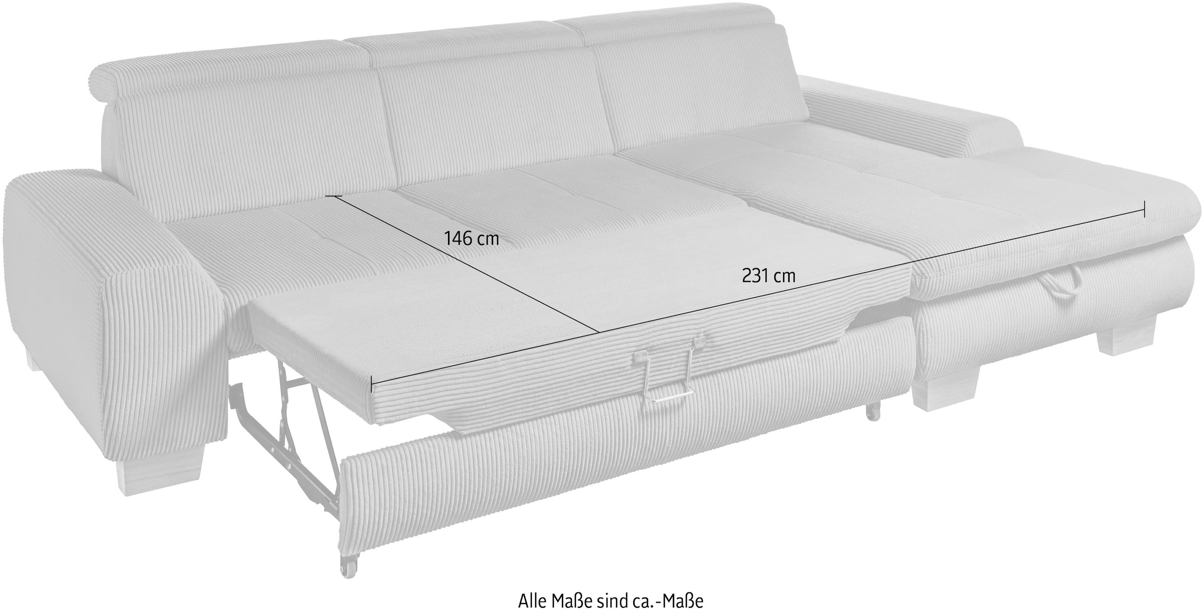 set one by Musterring Ecksofa »SO 3400 Sitzhöhe 47cm oder 49cm, Sitztiefe verstellbar, B/T: 307/195cm«, Kopteil verstellbar, mit Bettfunktion, in Cord, anthrazit, Sitzhöhe 47