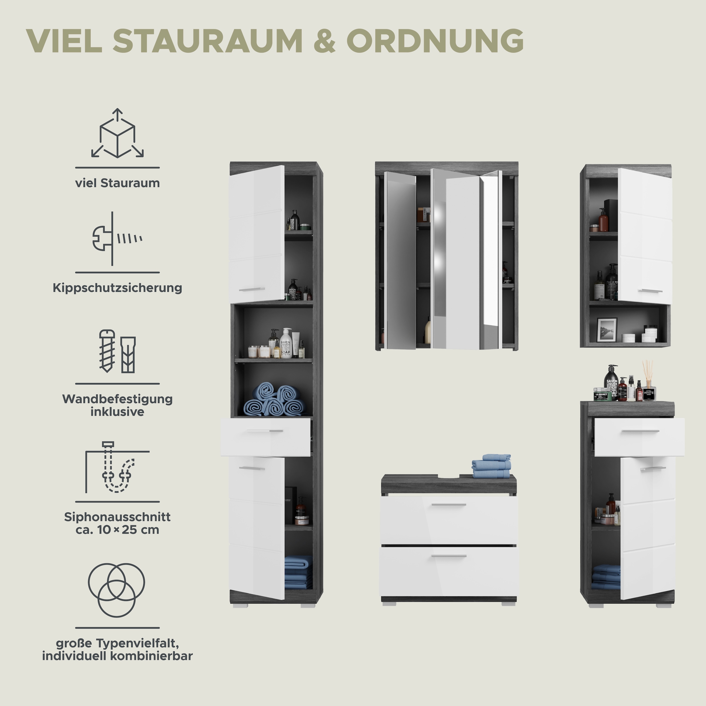 INOSIGN Badmöbel-Set »Siena, 5 teilig, bestehend aus:«, (Set, 5 St.), Hochschrank, WBU, Spiegelschrank, Unterschrank, Hängeschrank