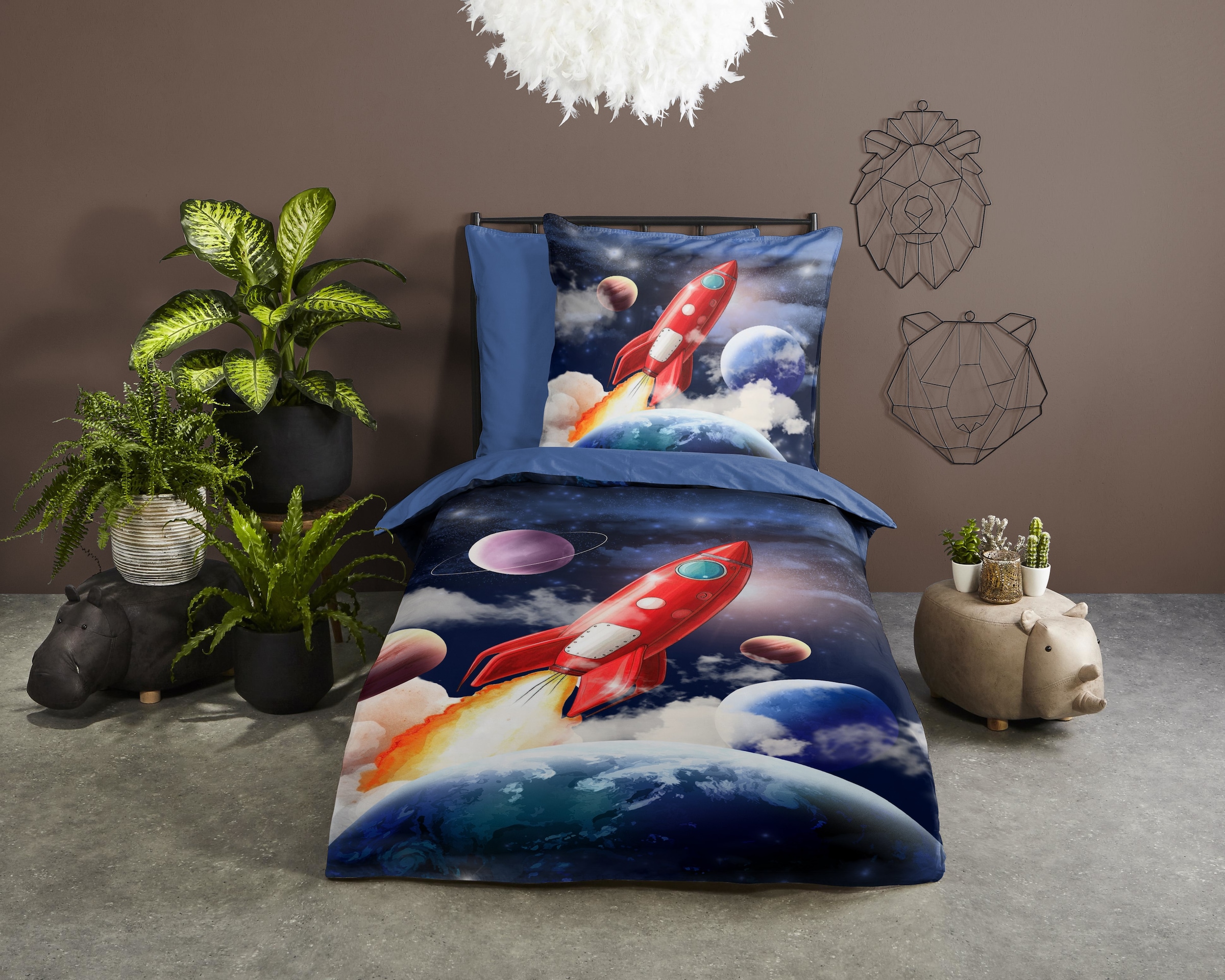 PURE luxury collection Kinderbettwäsche »Rocket«, Mikrofaser, 135x200, Wende, Kind, Junge, Rakete Weltraum Weltall, Blau