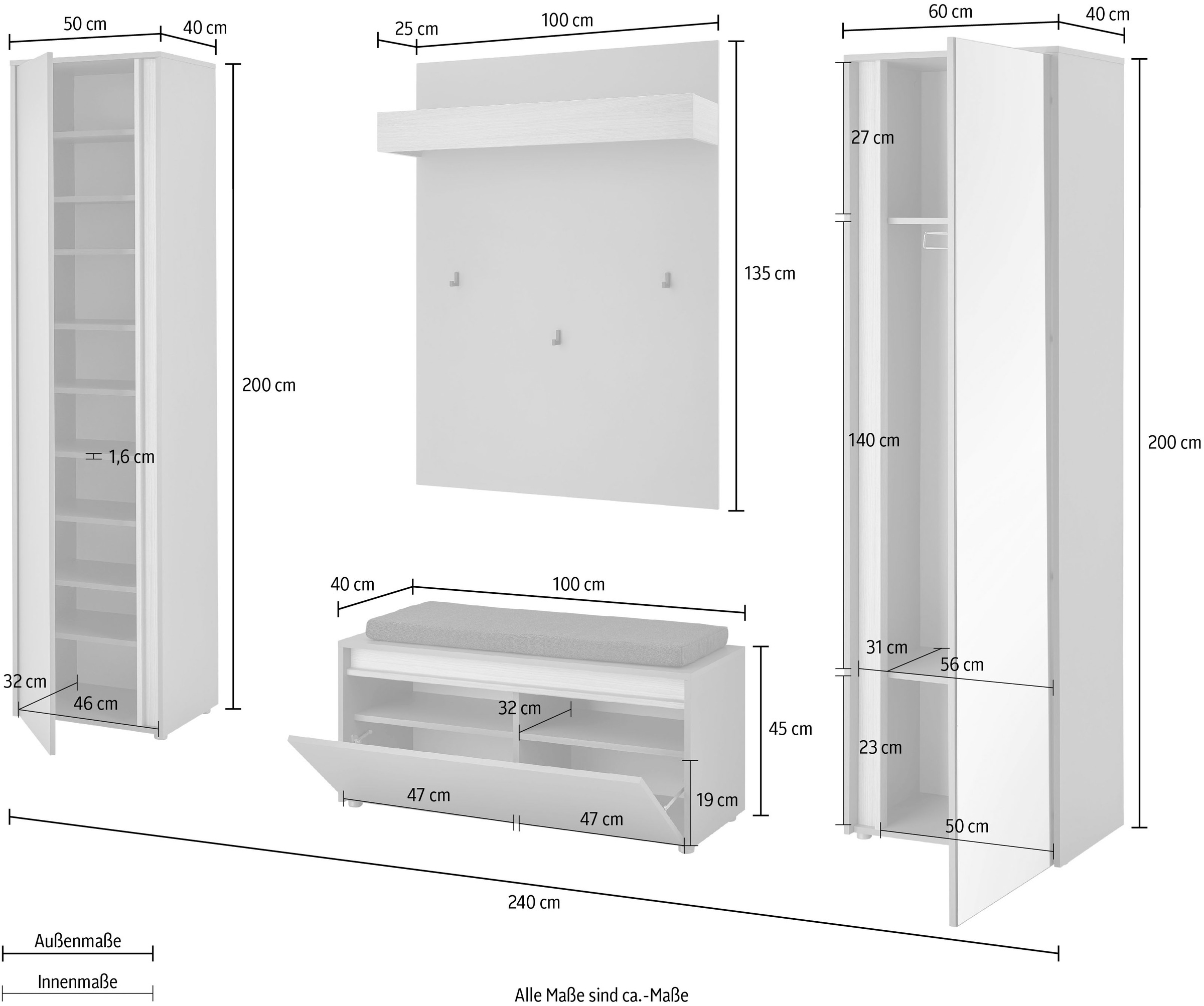 INOSIGN Garderoben-Set »GIRON/CiTY, moderne Garderobe, Komplettset mit viel Stauraum«, (Komplett-Set, 4 St.), enthält Garderobenschränke, Paneel & Schuhbank +Sitzkissen