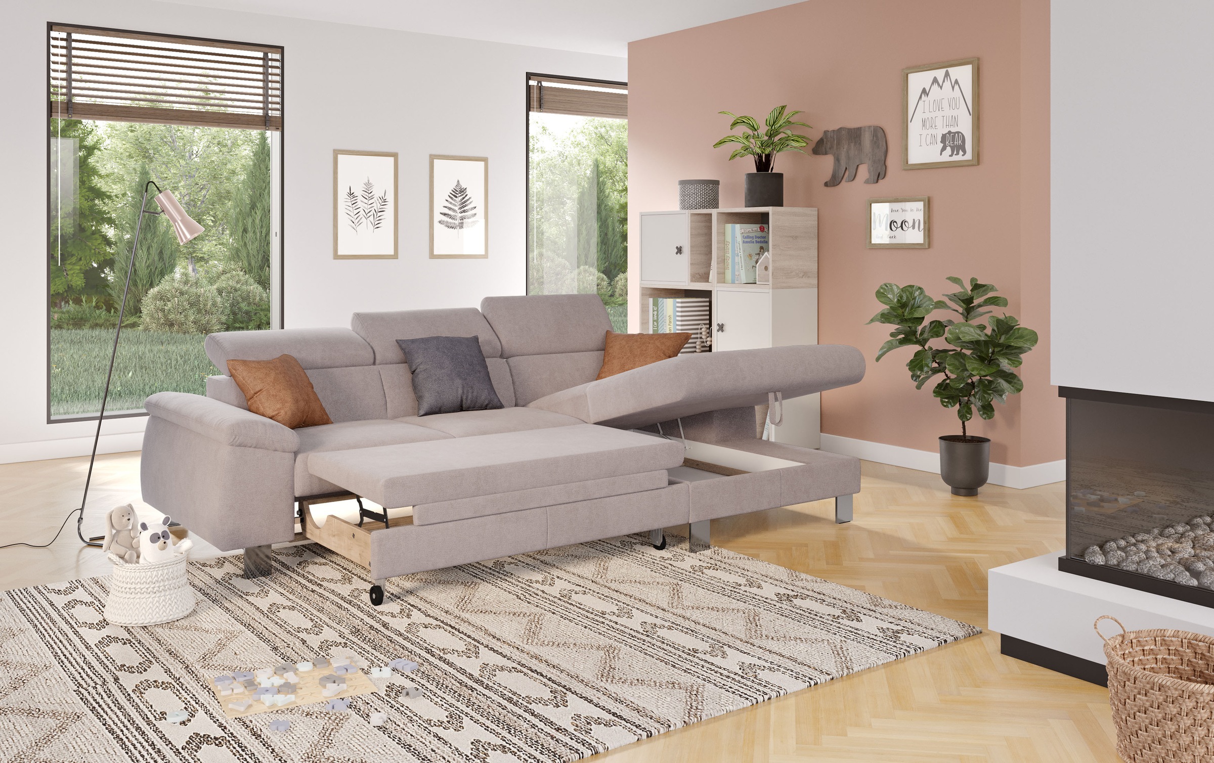 COTTA Ecksofa Komaris, Ecksofa, wahlweise mit RGB-LED-Beleuchtung und Bettfunktion/Bettkasten