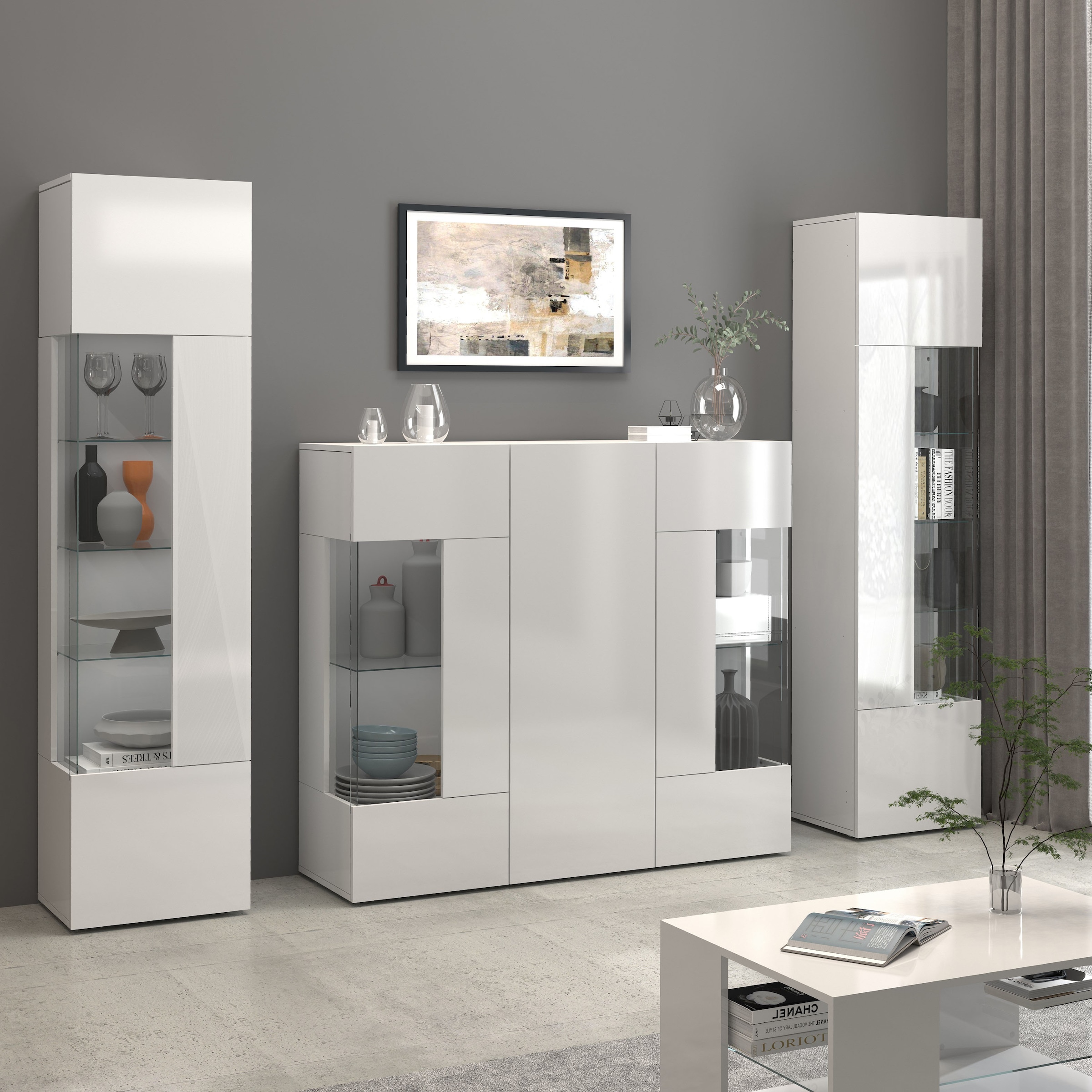INOSIGN Highboard »Egypt, Highboard, Hochschrank, Hochkommode, Vitrine«, mit 3 Türen davon 2 mit Glaseinsatz,kompl. Hochglanz lack.,Breite 135