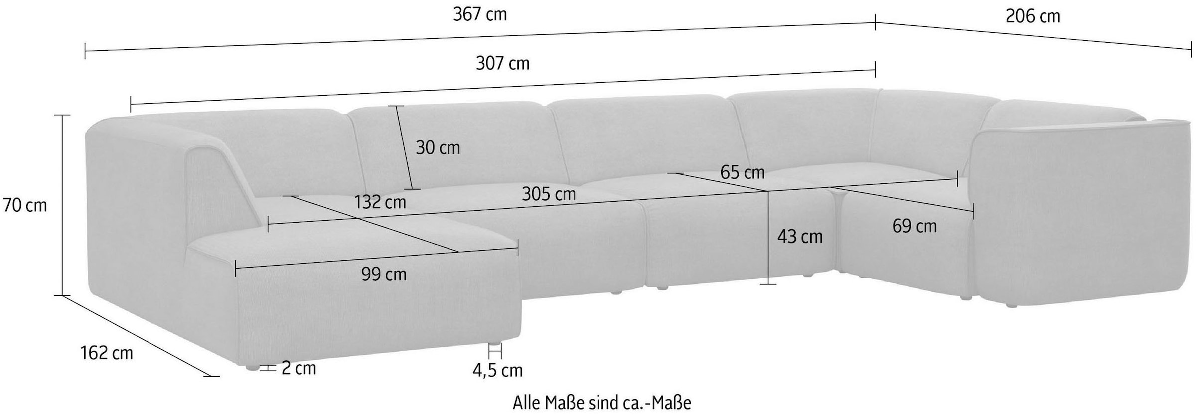 RAUM.ID Wohnlandschaft »Merid U-Form, jederzeit durch Module erweiterbar, B/T/H: 367/206/70 cm«, als Modul oder separat verwendbar, für individuelle Zusammenstellung