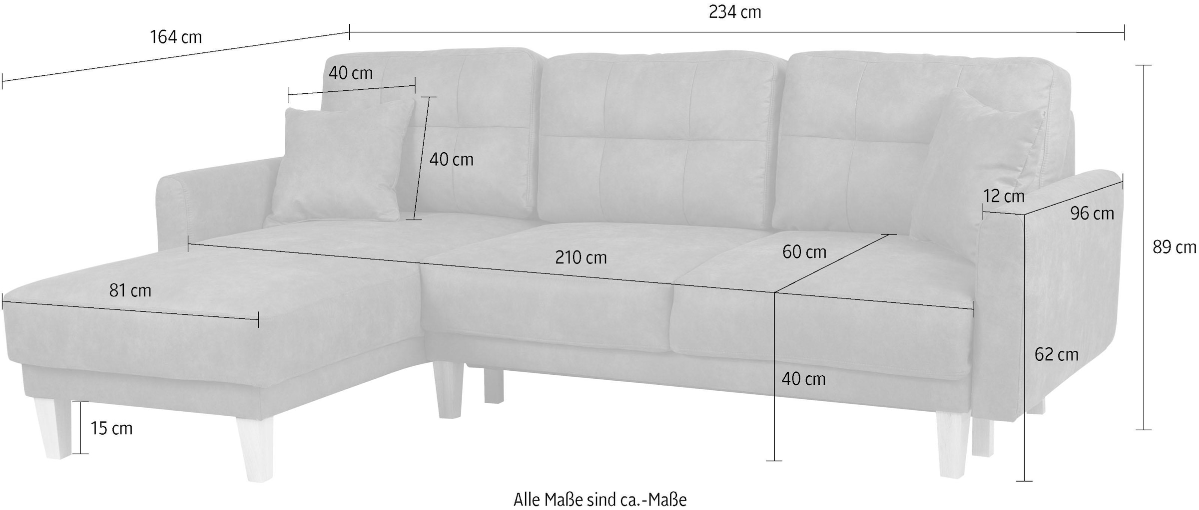 Home affaire Ecksofa »TRIPLO optionale Schlafsofa mit Bettkasten, Maße B/T/H: 234/164/89 cm«, L-Form wahlweise mit Bettfunktion - Liegefläche 132x210 cm