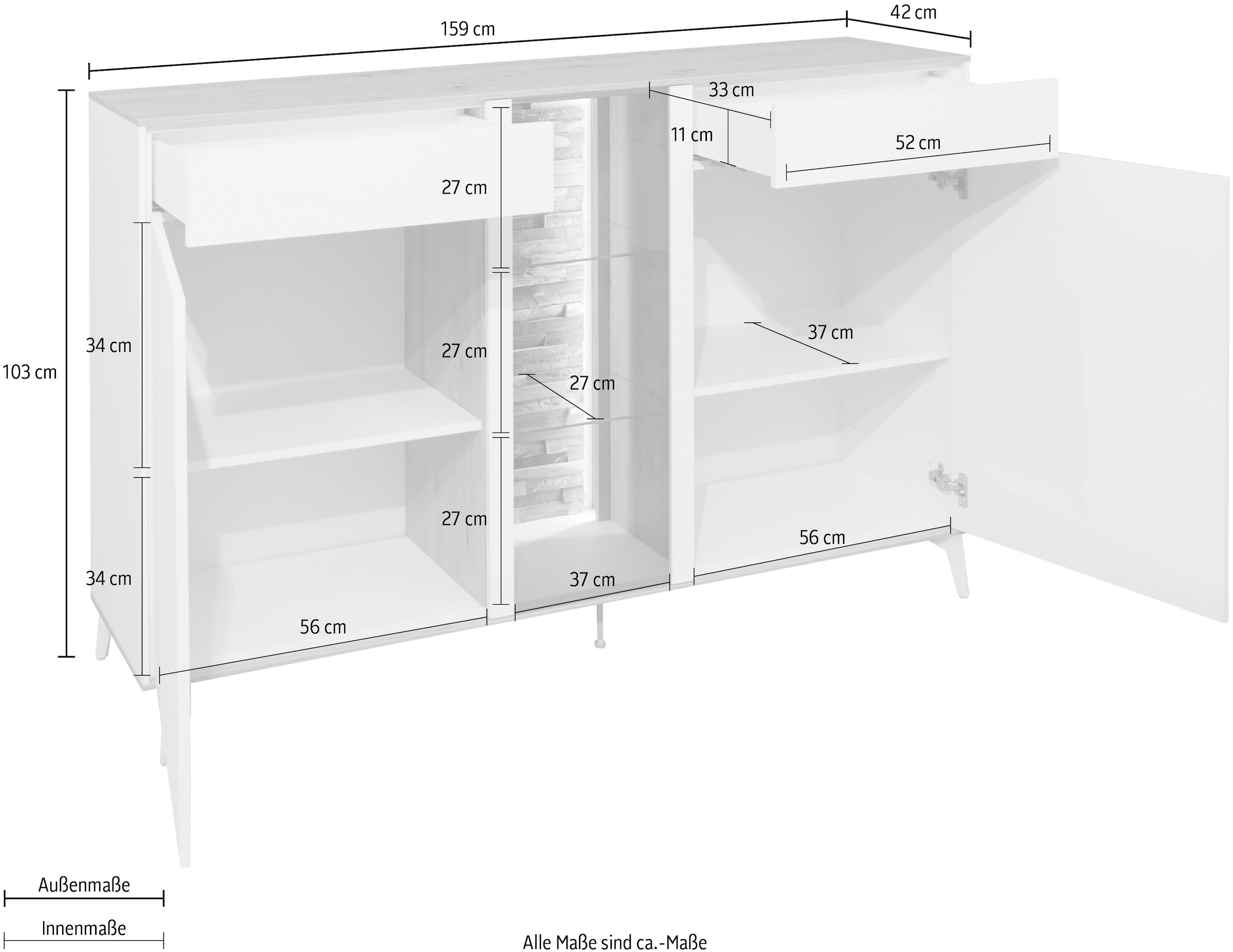 Mäusbacher Kommode, Faro Sideboard 159 cm, inkl. Beleuchtung, Push to open, Metallfüße