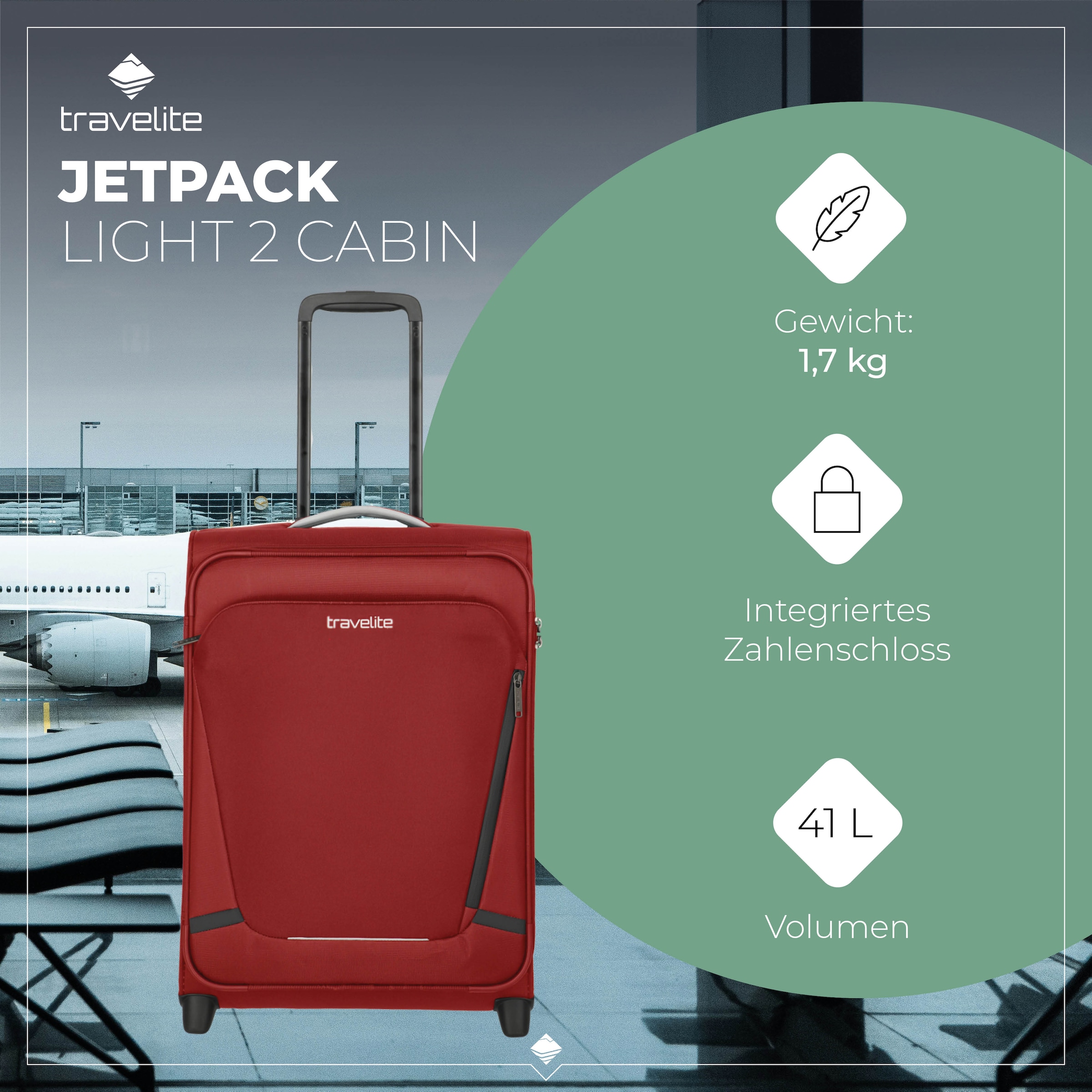 travelite Handgepäck-Trolley »JETPACK Multi Light 2 Cabin, konzipiert für Condor & Ryanair«, 4 Rollen, Weichgepäck-Koffer Handgepäck für die meisten gängigen Airlines