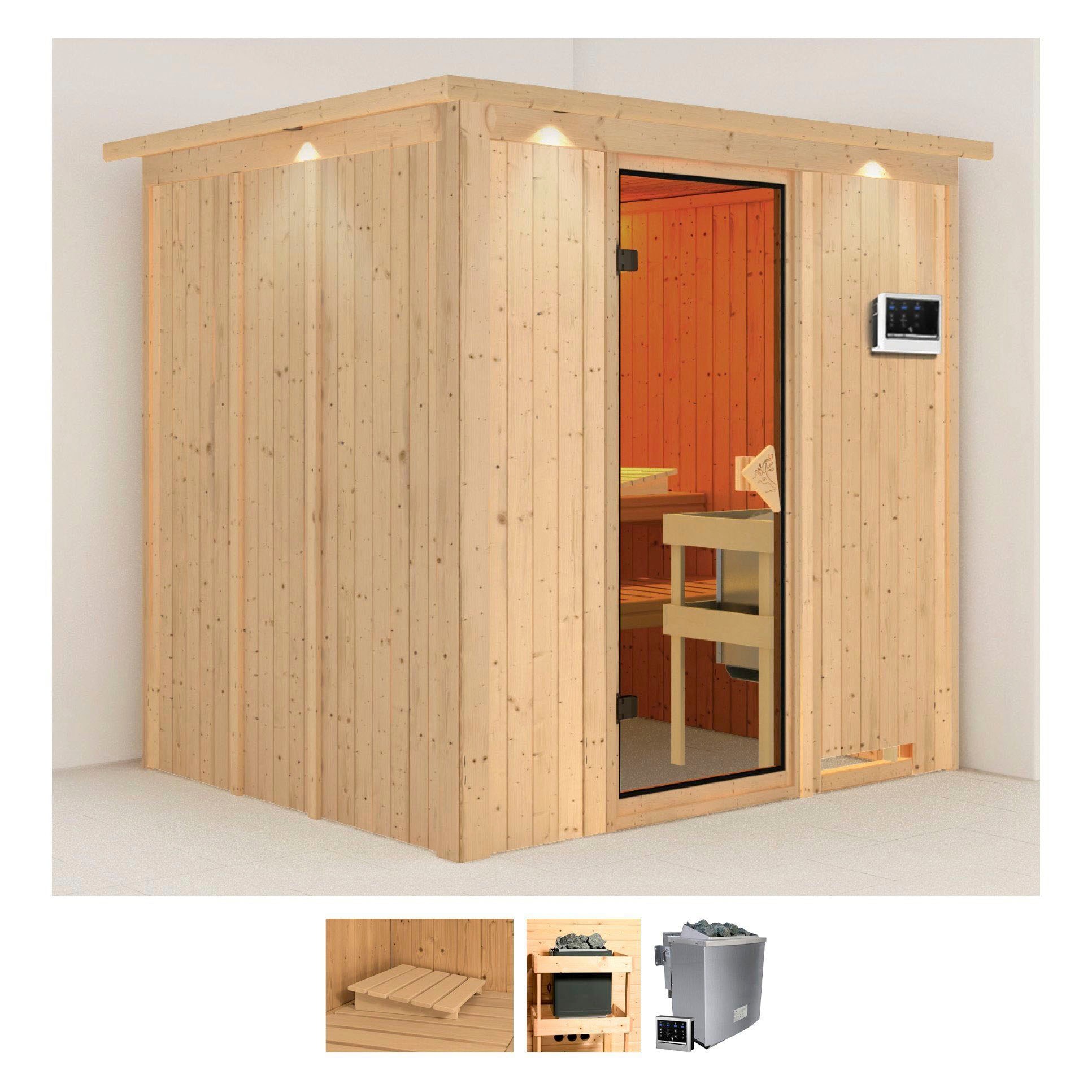 KARIBU Sauna »Sodin« Set, Ofen 9 KW externe Strg easy naturbelassen