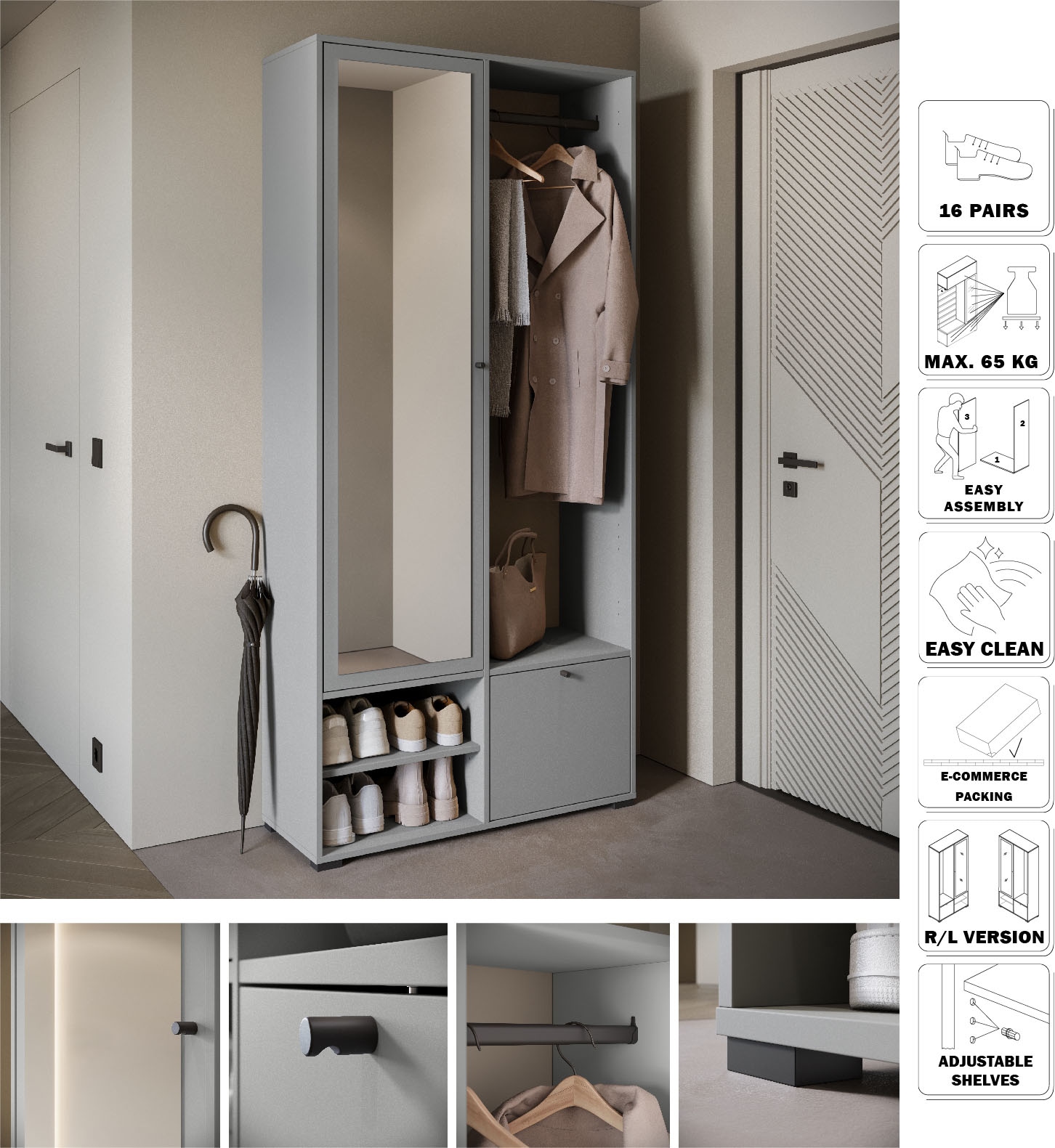 INOSIGN Garderobenschrank »DINO Kompaktgarderobe, Garderoben-Set DINO«, Mit Spiegel und Kleiderstange, 90 cm breit, Türanschlag wechselbar