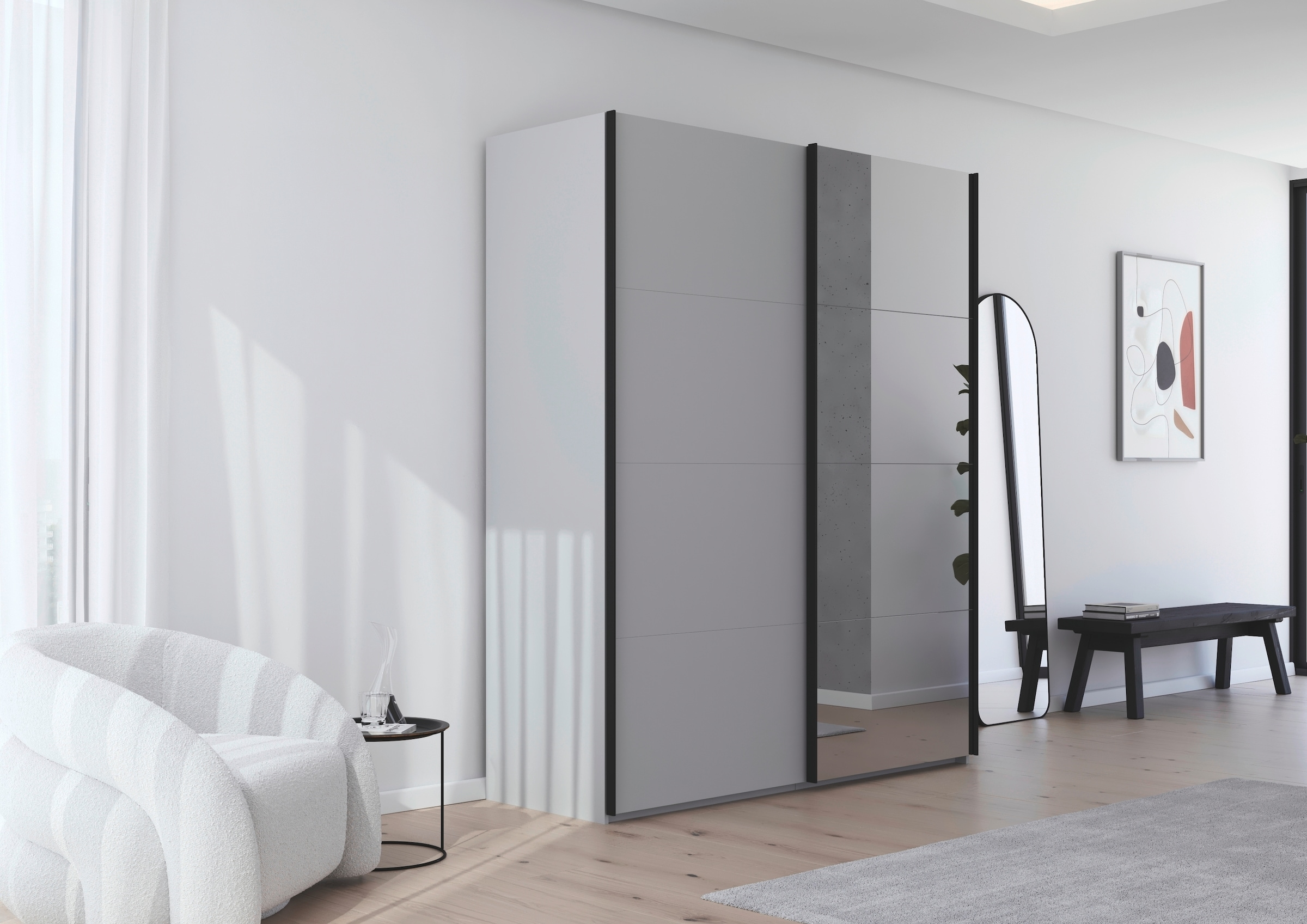 rauch Schwebetürenschrank »Kleiderschrank Schrank Garderobe Schlafzimmerschrank SCALE-FYRA«, edle viergeteilte Türen mit Spiegel und vielen Farben MADE IN GERMANY