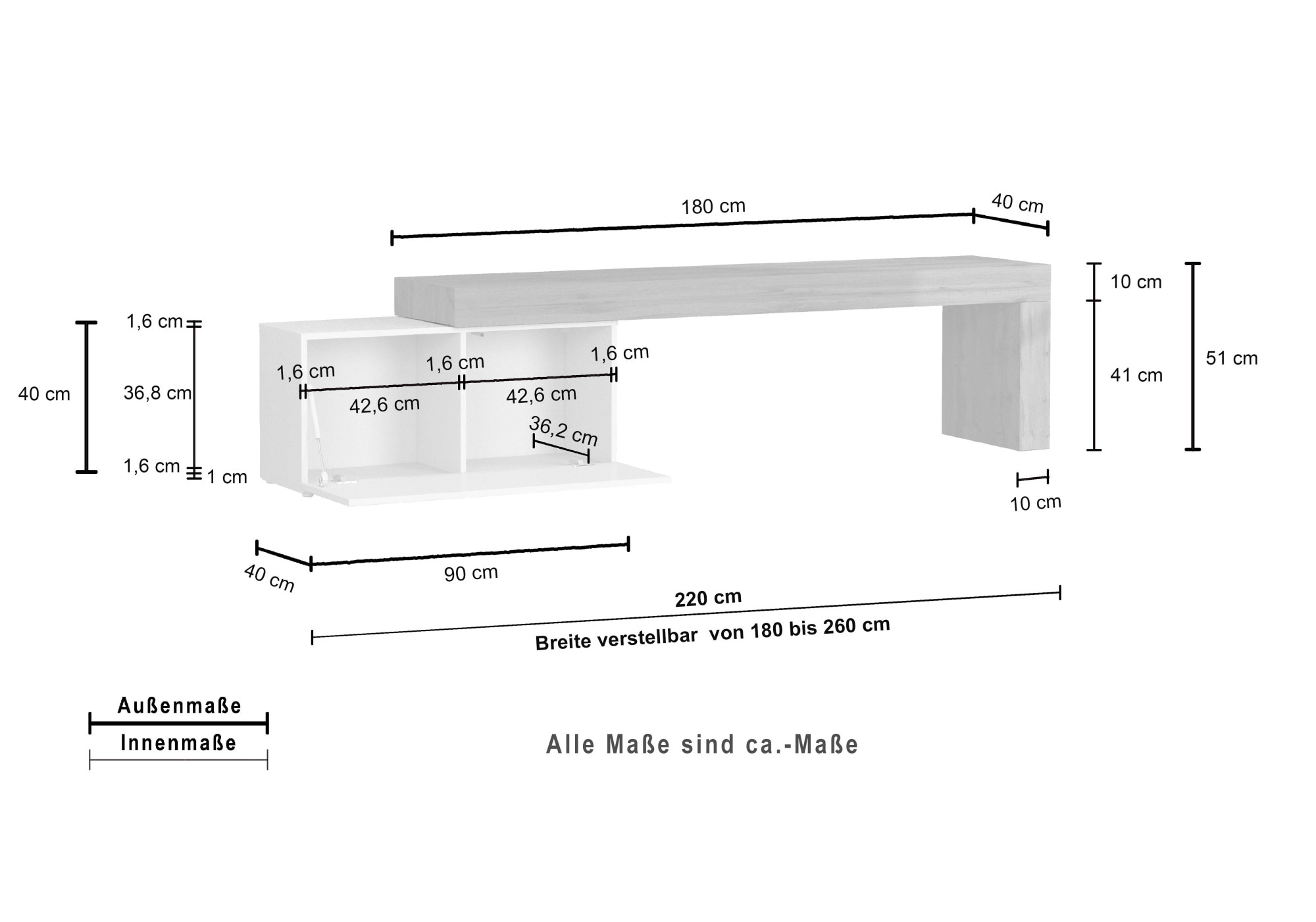 INOSIGN Lowboard »Chronos TV-Board, TV-Schrank«, (1 St., Breite verstellbar von 180 bis 260 cm), Breite 220 cm TV-Board,Lowboard,1 Klappe und ein L-Förmiger Aufsatz