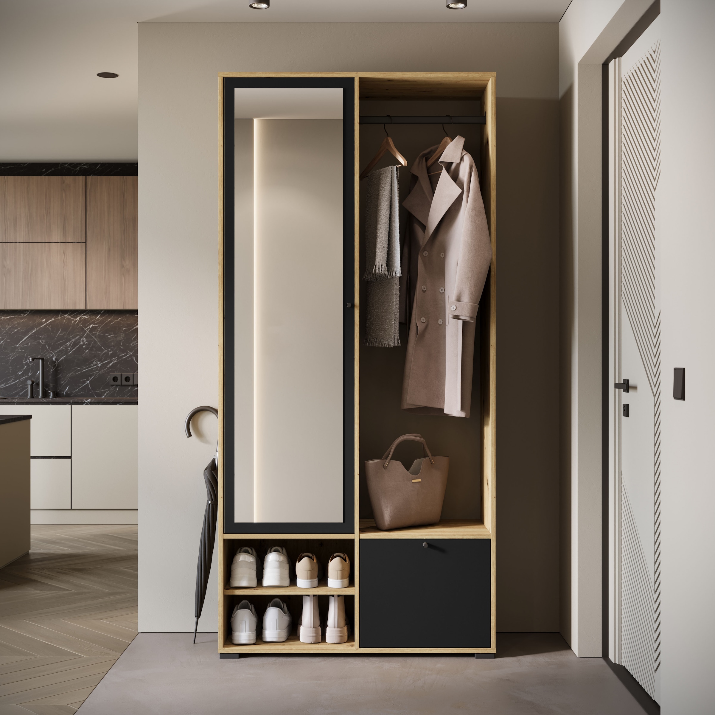 INOSIGN Garderobenschrank »DINO Kompaktgarderobe, Garderoben-Set DINO«, Mit Spiegel und Kleiderstange, 90 cm breit, Türanschlag wechselbar