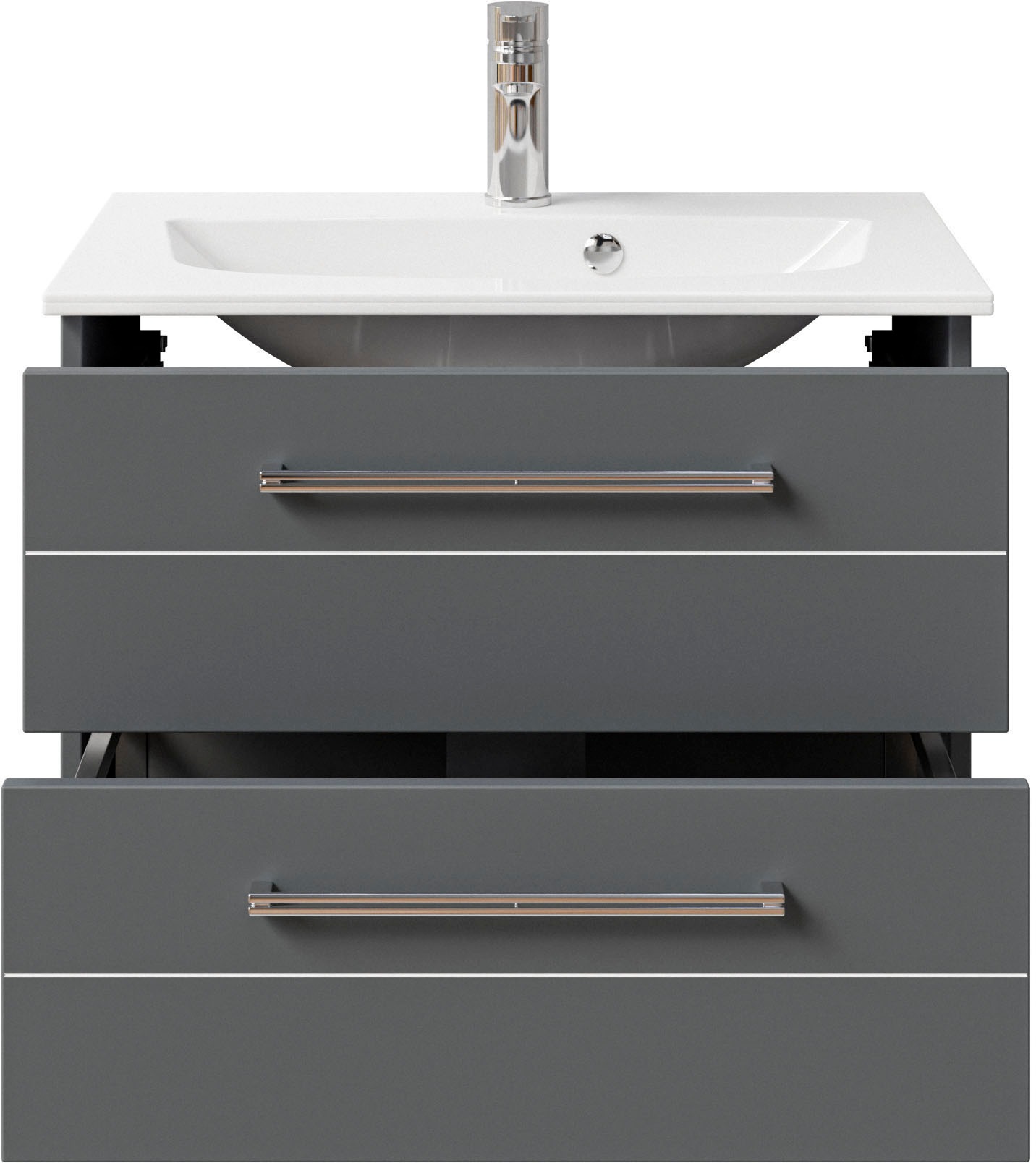 Saphir Badmöbel-Set »Serie 6025 2-teilig Mineralmarmor-Waschtisch mit LED-Spiegelschrank«, (2 St.), Waschplatz 67 cm breit, 2 Schubladen, 2 Spiegel-Türen, inkl Türdämpfer