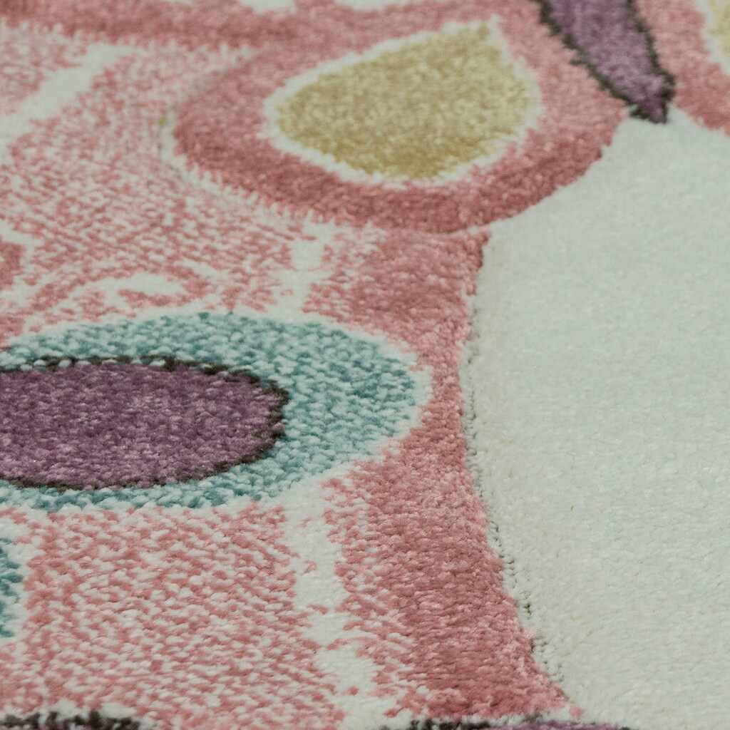 Paco Home Kinderteppich »Volta 317«, rund, 18 mm Höhe, Kurzflor, niedliches Kinder Design, Motiv Schmetterlinge, Pastell Farben, Kinderzimmer