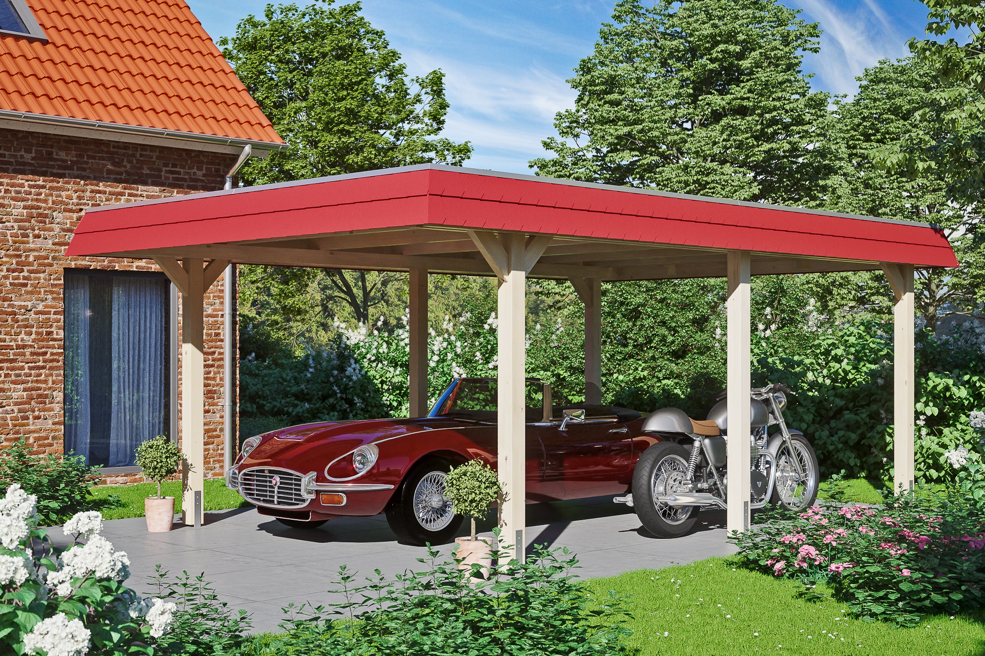 Skanholz Einzelcarport »Wendland«, 341 cm, Natur, mit Aluminiumdach, rote Blende