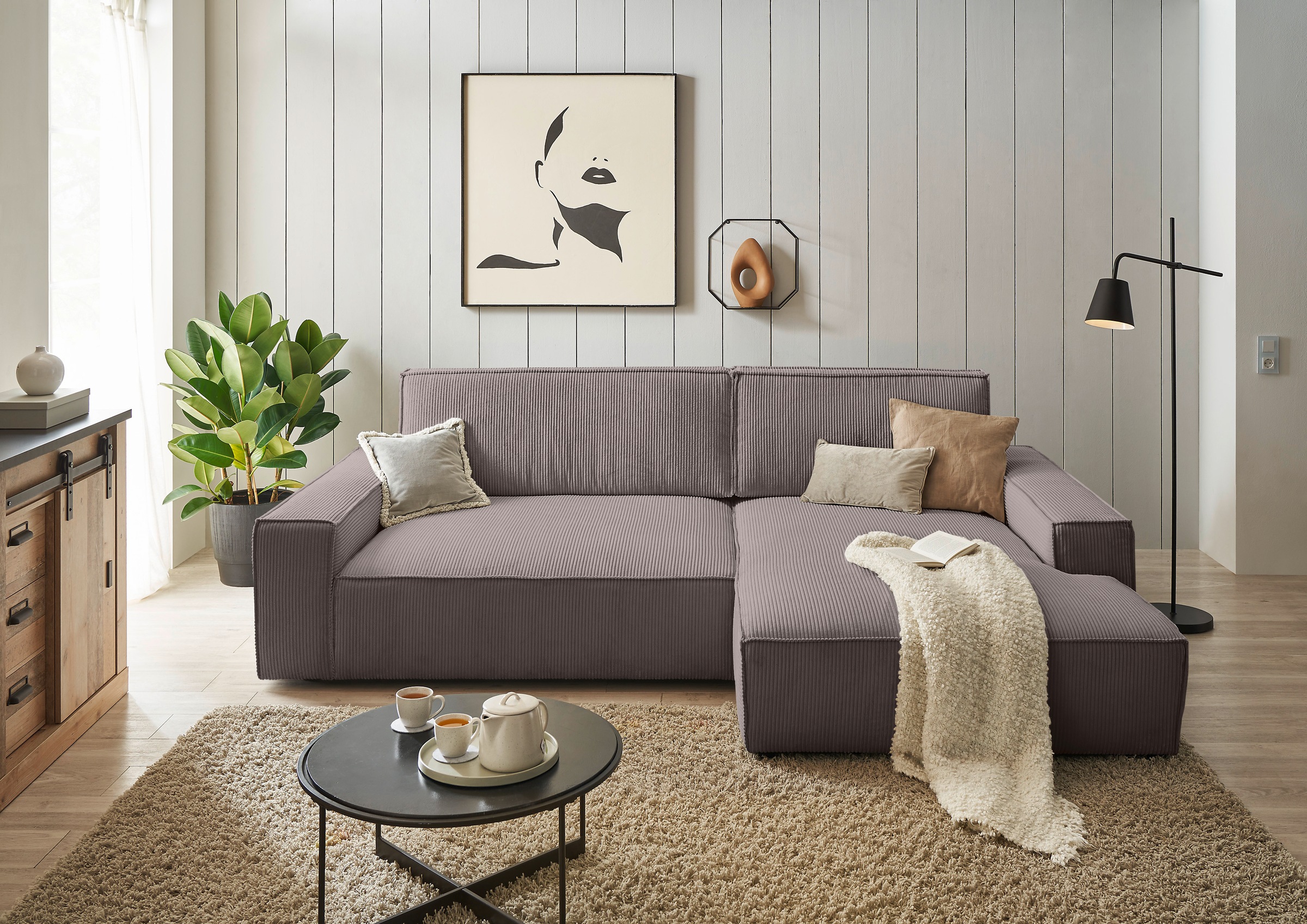 Home affaire Ecksofa »NEU: SHERWOOD XXL 284, Big-Sofa L-Form, tiefe Sitzfläche 95 cm, Cord«, Recamiere rechts/links, als Schlafsofa stellbar, Cord u. Leinenoptik