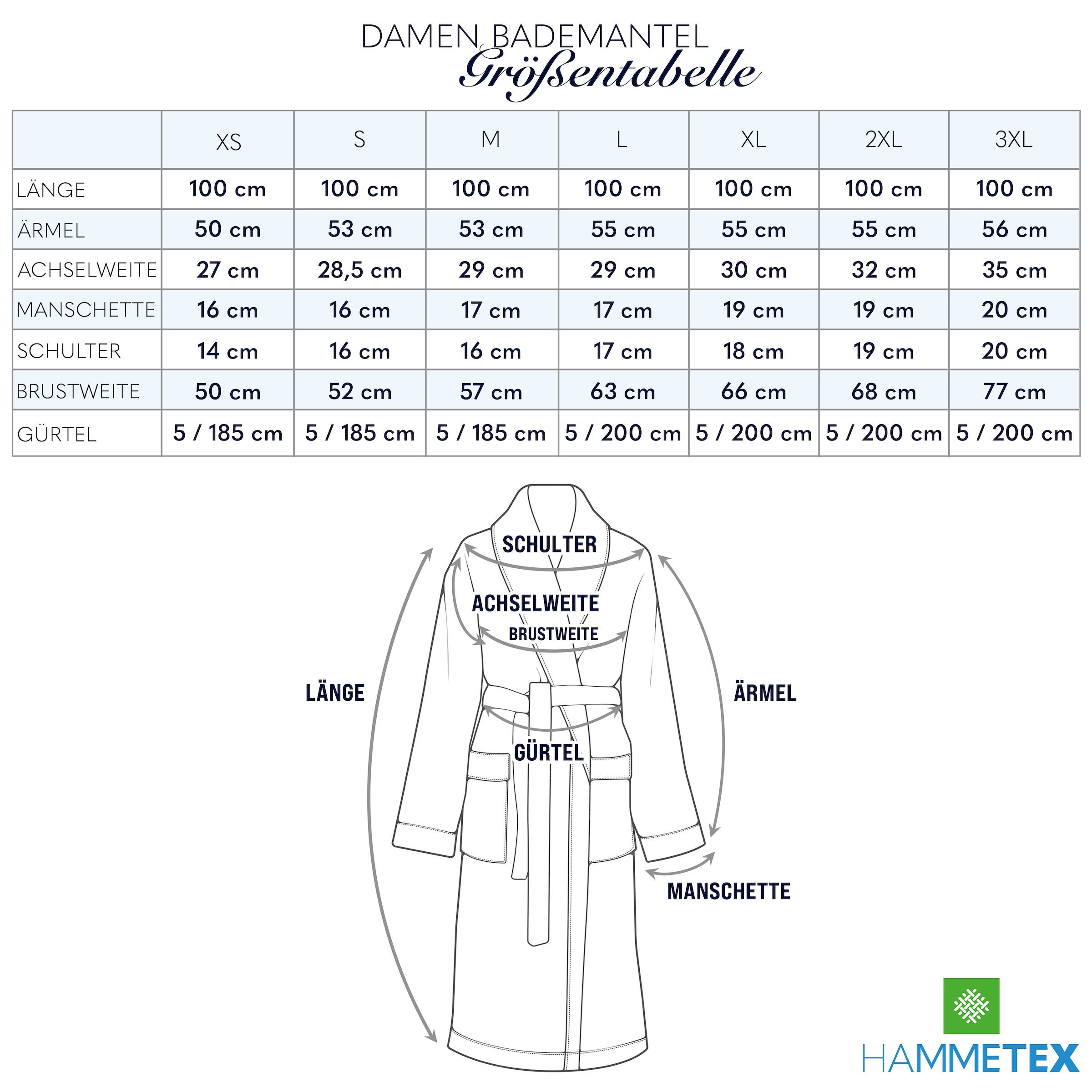 HAMMETEX Damenbademantel »Ren, 100% Baumwolle« 380 g/m² Frottee Bademantel mit Taschen – Saugfähig & Weich