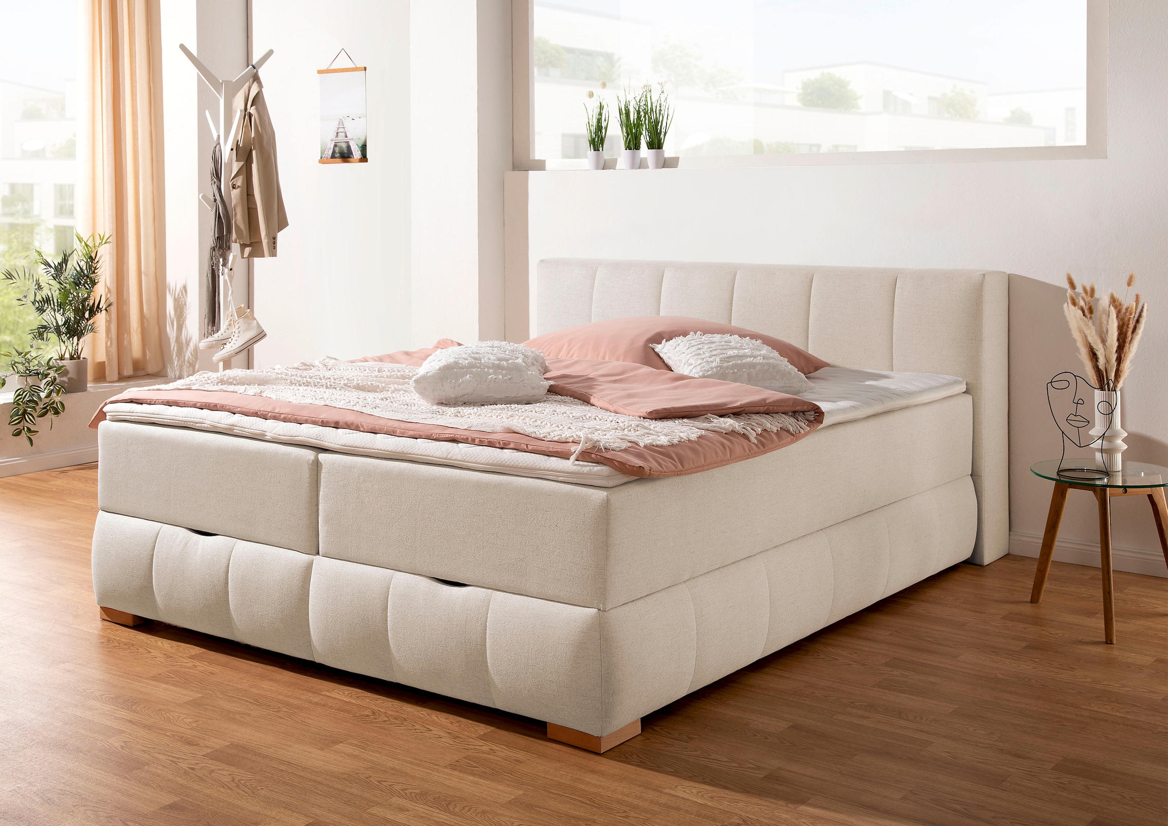 Boxbett mit Bettkasten, beige-natur Bonellfederkern H3