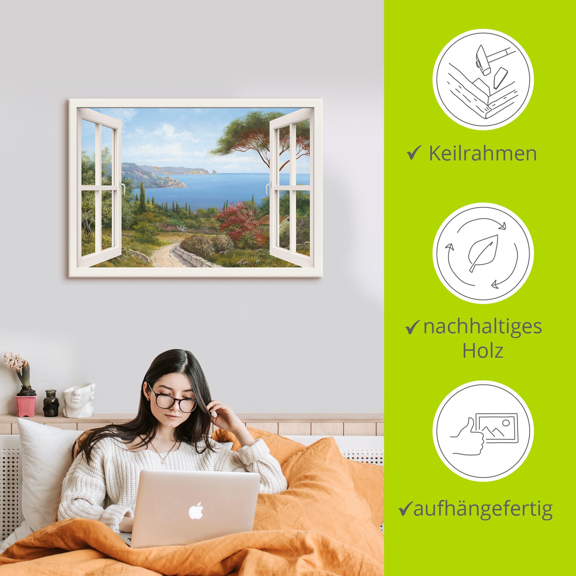Artland Wandbild »Fensterblick - Haus am Meer I«, Fensterblick, (1 St.), als Leinwandbild, Poster, Wandaufkleber in verschied. Größen