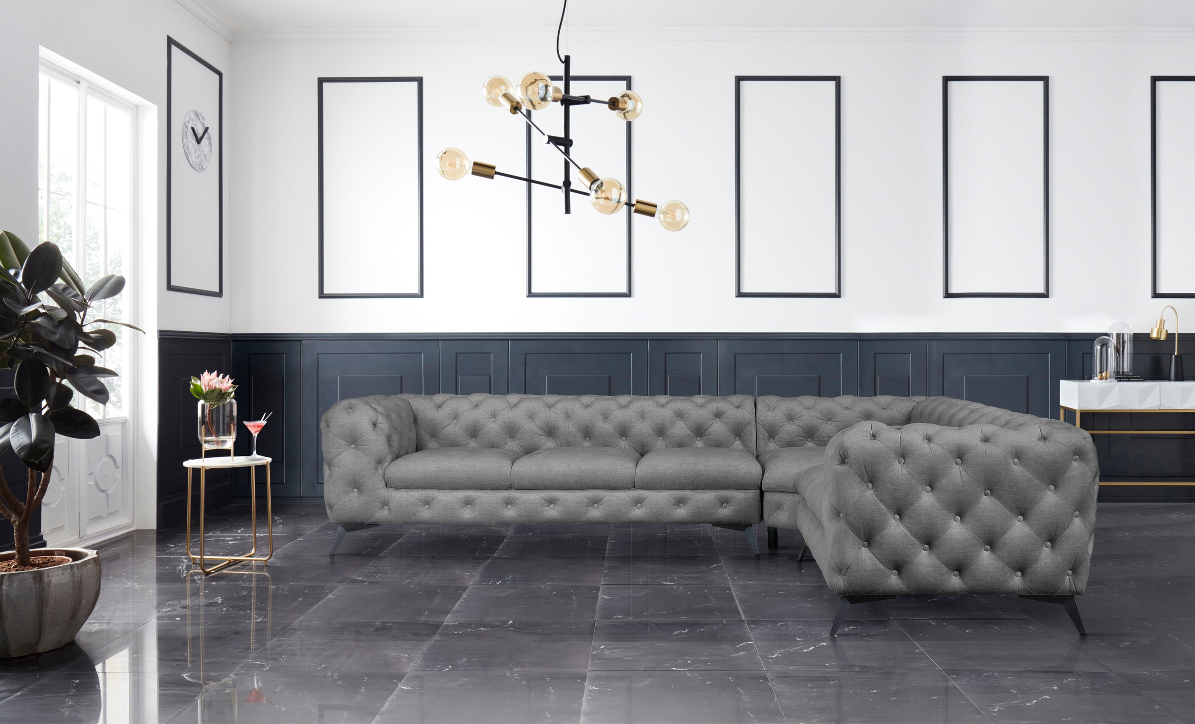 Leonique Chesterfield-Sofa »Ecksofa GLYNIS L-Form mit Wellenunterfederung, günstig online kaufen