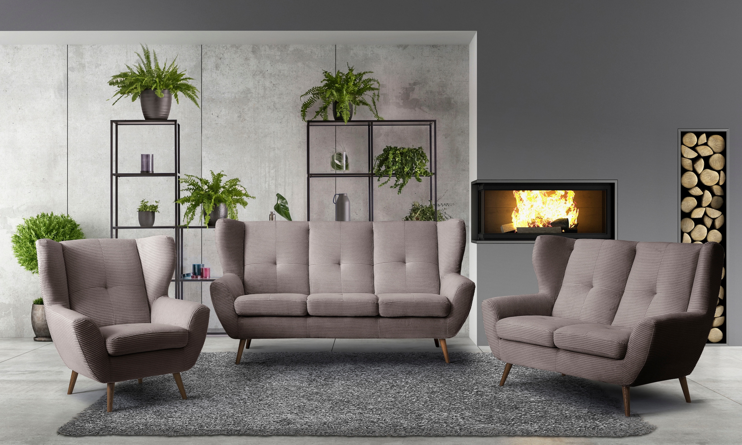 exxpo - sofa fashion 2-Sitzer »ALVESTA, Loungesofa, Küchensofa, hoher Sitzkomfort, Ohrenbackensofa«, gemütliche Rückenlehne, mit Knopfheftung und hohen Holzfüßen, in Cord