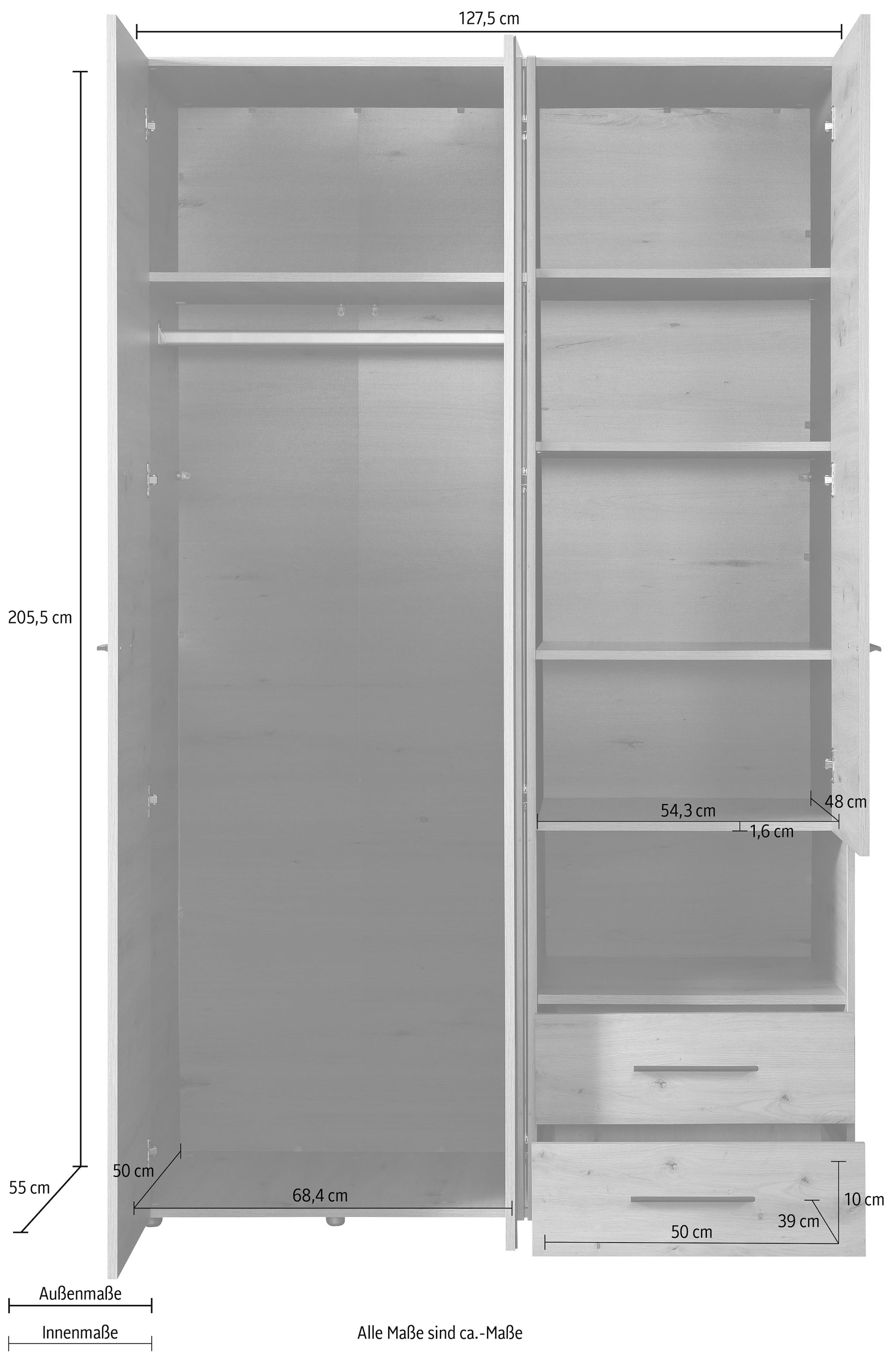 INOSIGN Kleiderschrank »Leon, FSC® -zertifiziertem Holzwerkstoff«, mit Spiegel, Innenausstattung und 2 Schubladen, 127,5x55x205,5cm