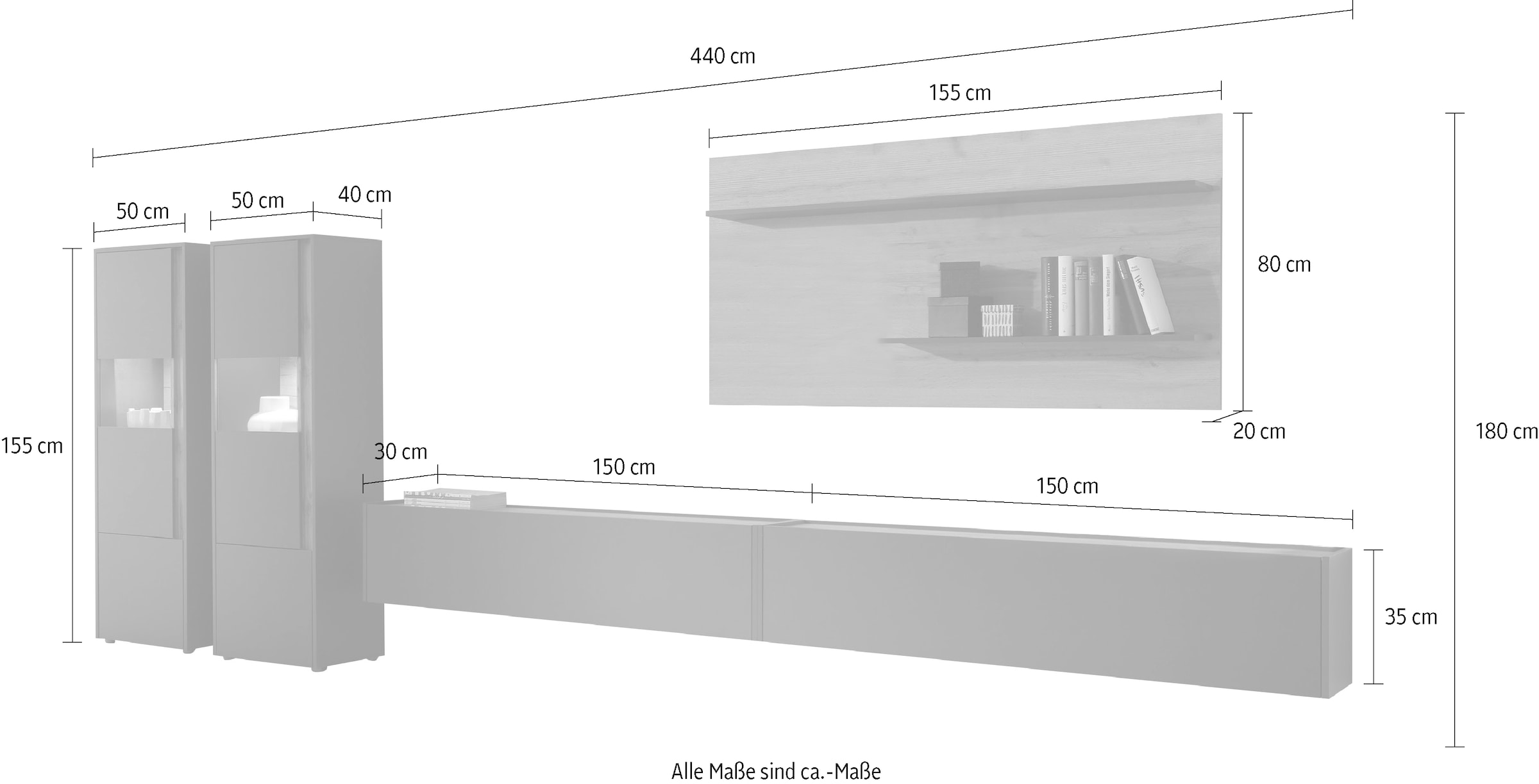 INOSIGN Wohnwand »City/Giron, moderne Anbauwand, Komplettset in vielen Farben verfügbar«, (Set, 5 St.), enthält zwei Vitrinen, zwei Hängeschränke & ein Wandboard