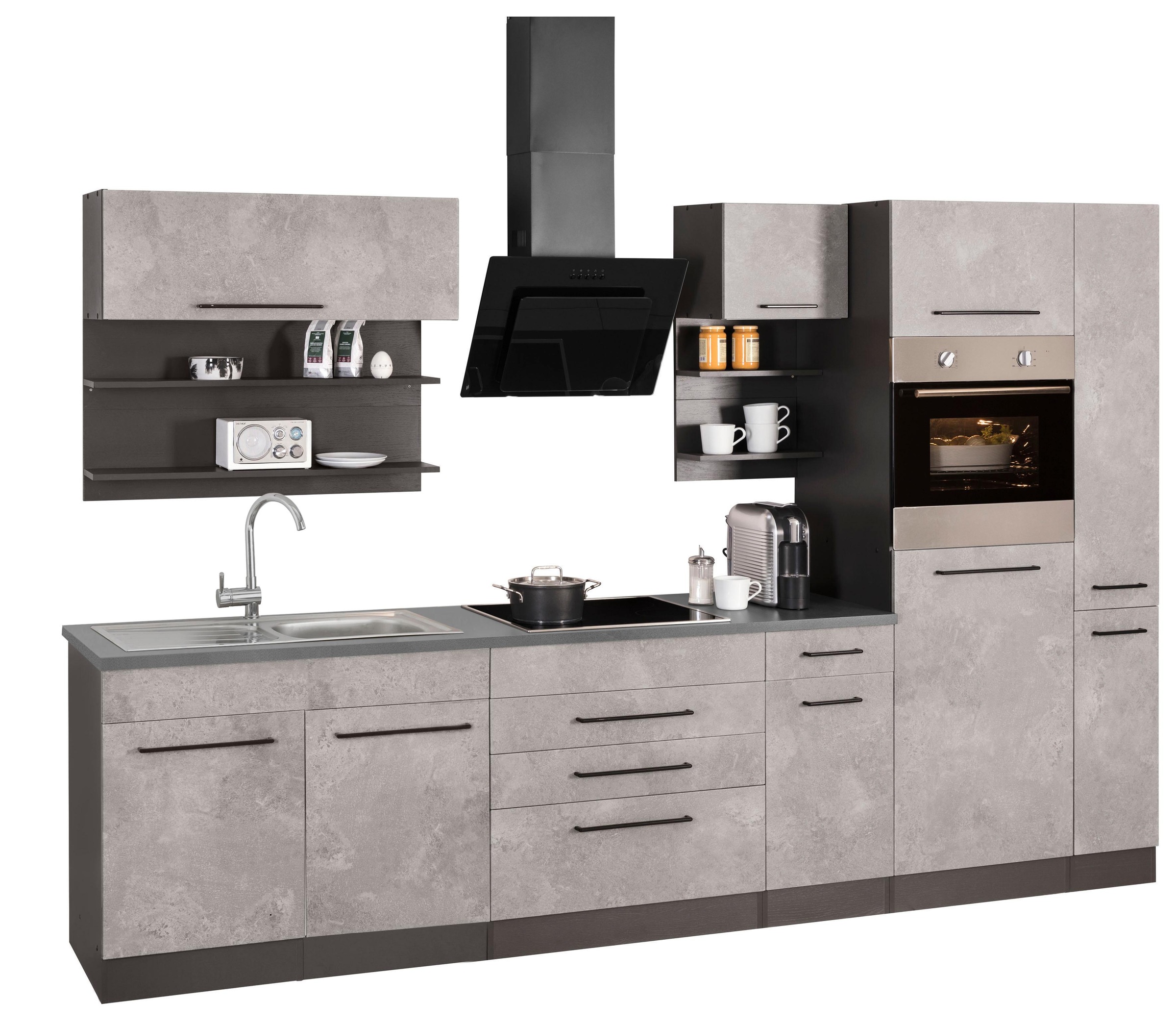 KOCHSTATION Küchenzeile »KS-Tulsa«, ohne E-Geräte, Breite 320 cm, schwarze Metallgriffe, MDF Fronten