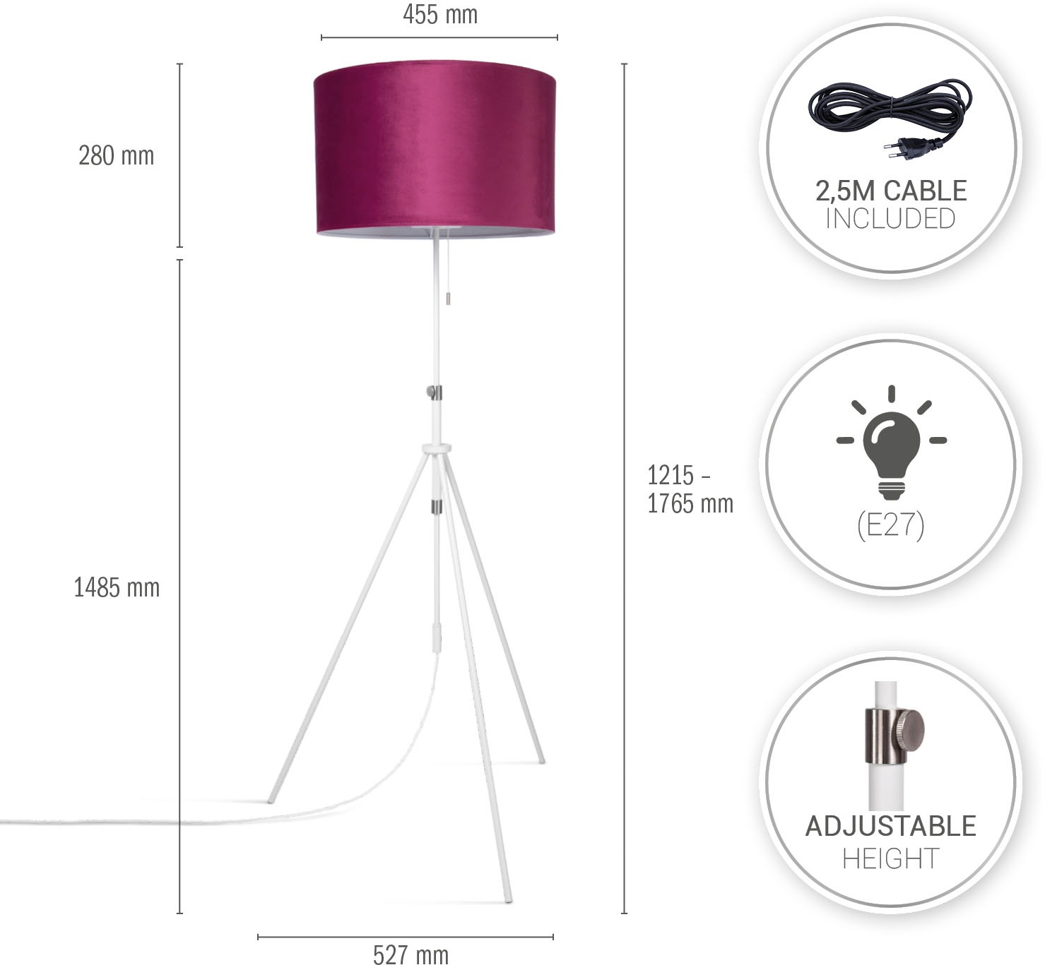 Paco Home Stehlampe »Naomi uni Color« E27 Wohnzimmer Höhenverstellbar 121,5 bis 176,5 cm Zugschalter Velour