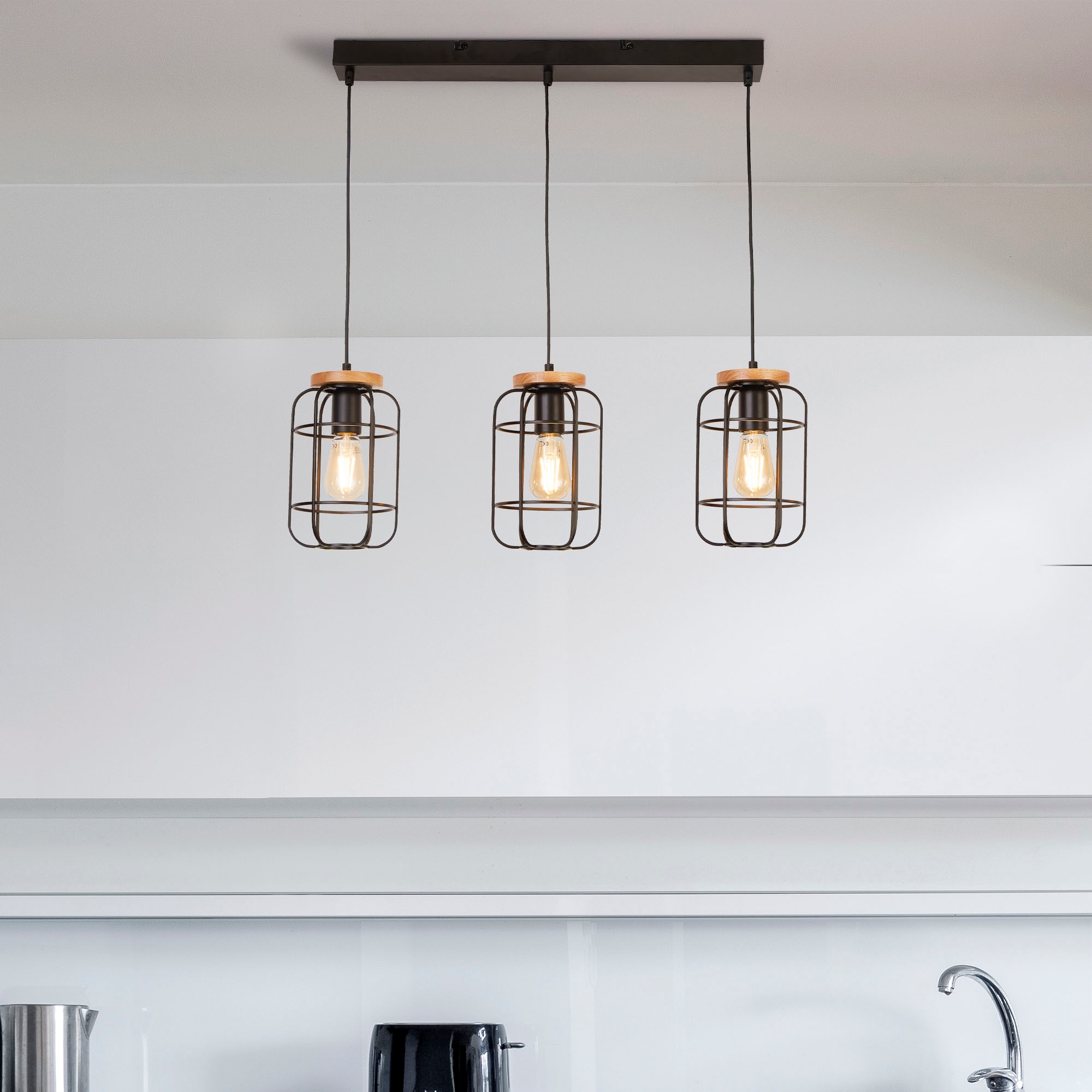 Searchlight Hängeleuchte »Vision 3Lt Bar Pendant - Matt Black Metal & Wood« E27 1 Stk.