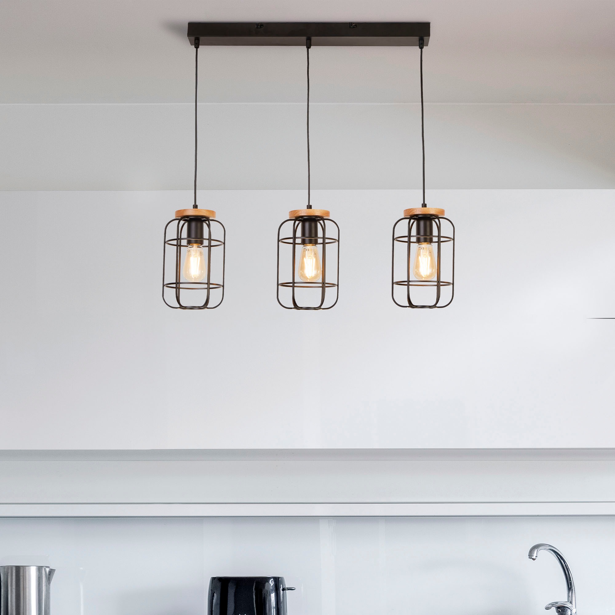 Searchlight Hängeleuchte »Vision 3Lt Bar Pendant - Matt Black Metal & Wood« günstig online kaufen