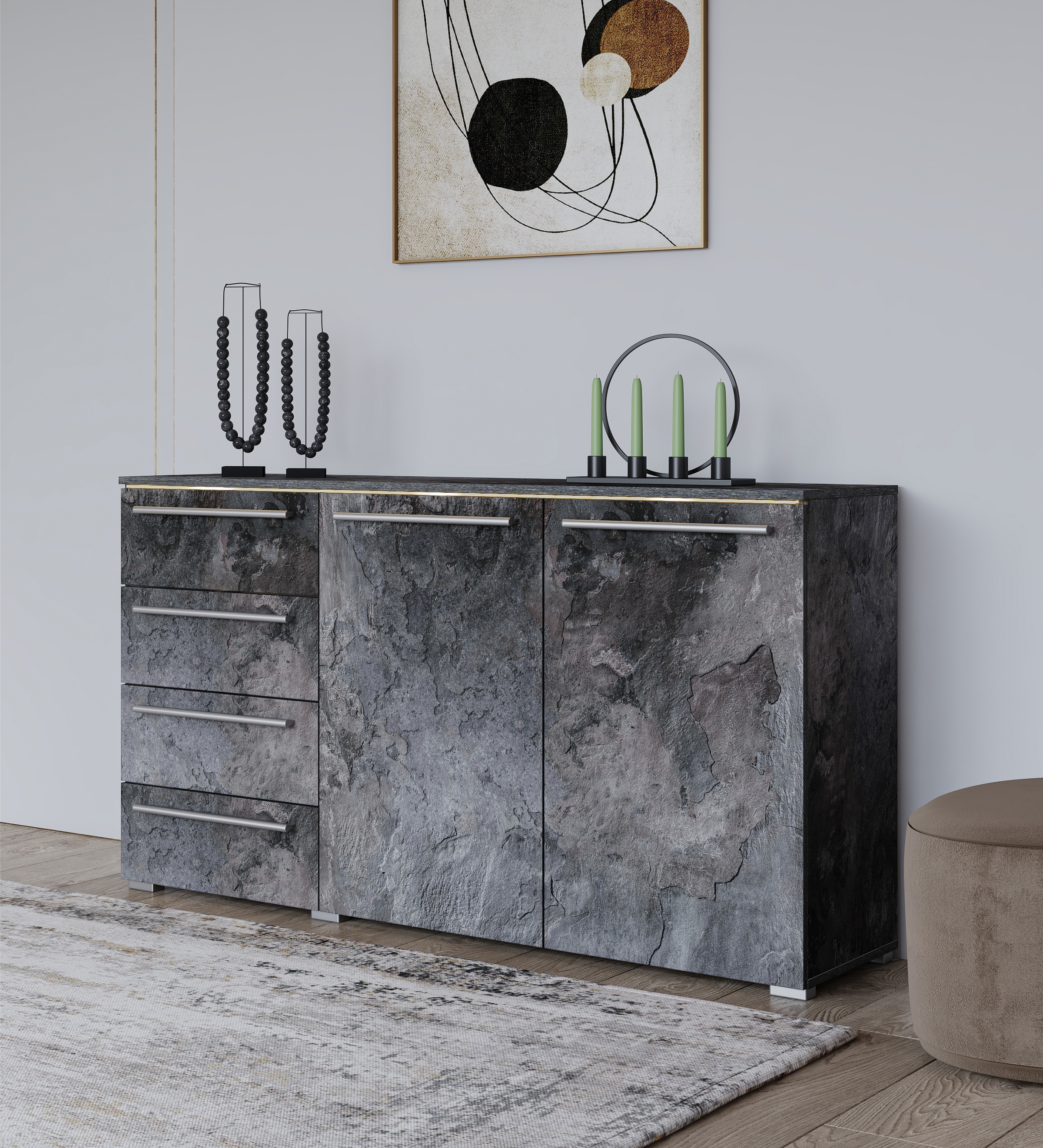 INOSIGN Sideboard »India, aus FSC-zertifiziertem Holzwerkstoff, Made in Europe«, (135x81x41 (BxHxT), Schieferoptik oder weiß mit Hochglanzfronten), Schubladenschrank inklusive Beleuchtung mit Fernbedienung