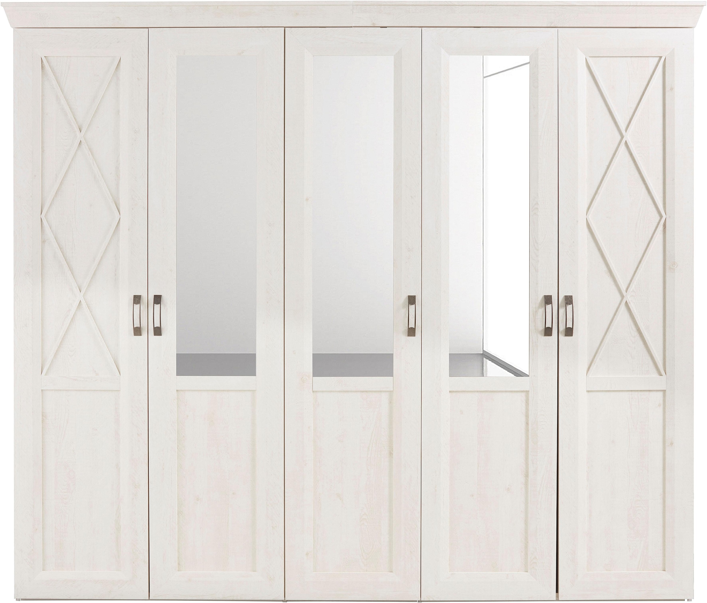 FORTE Drehtürenschrank »Kashmir, TOPSELLER, im klassischem Landhausstil, Made in Europe«, (Maße (B/T/H): 255/63/221 cm), mit Spiegel und dekorativen Fräsungen und Elementen