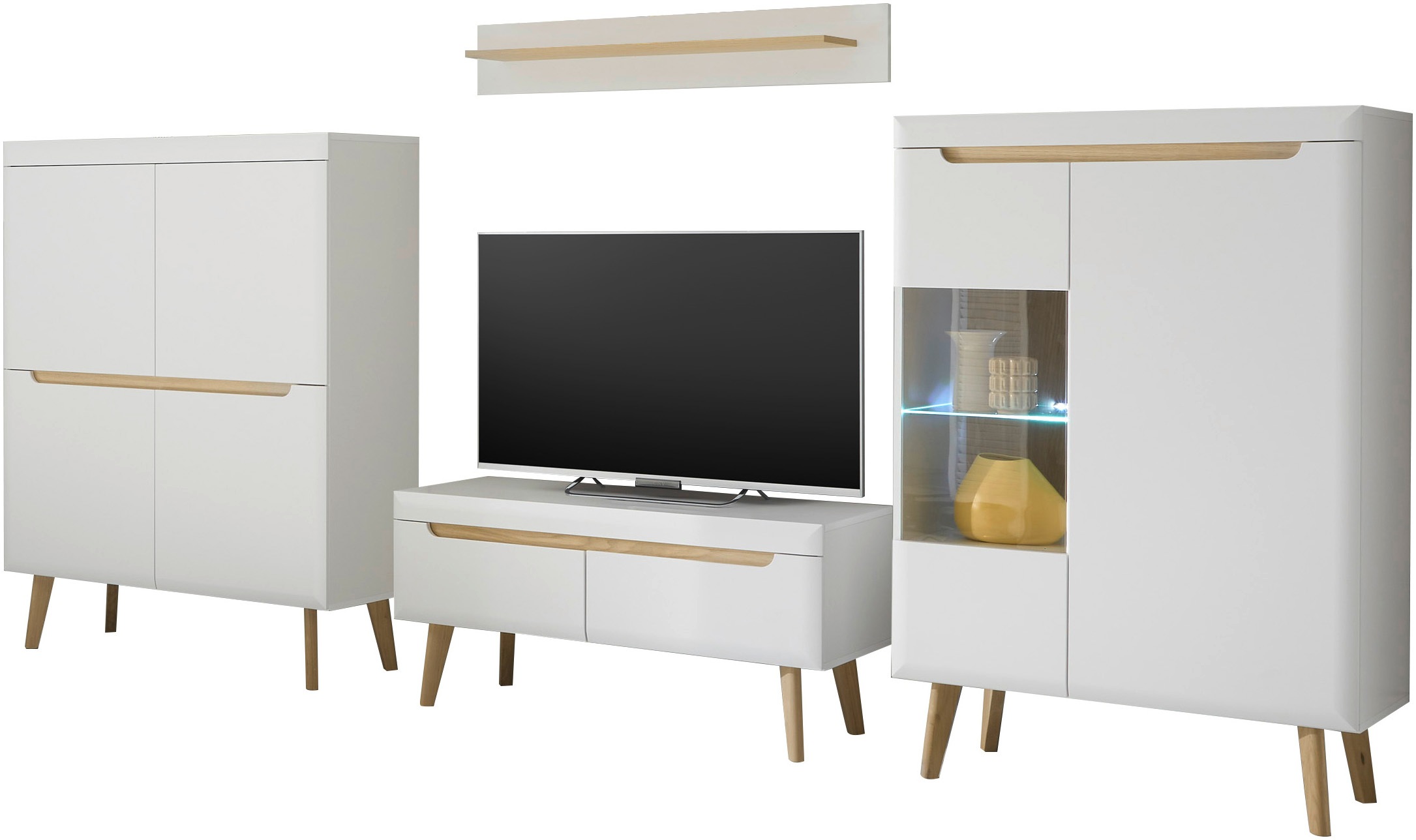 INOSIGN Wohnwand »Torge, Anbauwand, Schrankwand, Mediawand, Wohnzimmer-Set«, (Set, 4 St.), enthält 1 Vitrine, 1 Lowboard, 1 Highboard + 1 Wandboard, 344 cm breit