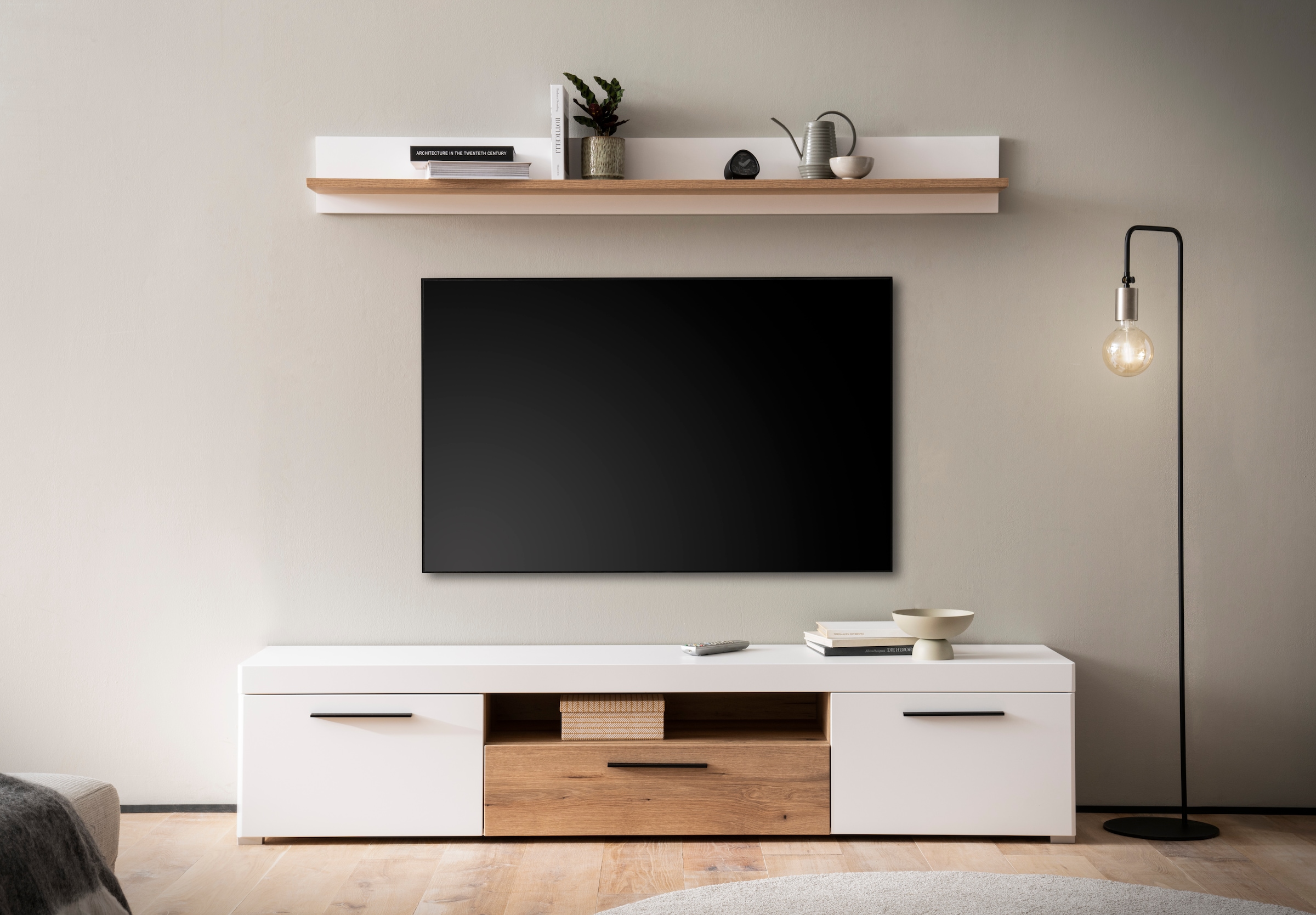 INOSIGN Wohnwand »Salerno, moderne Anbauwand, Wohnzimmer-Set, Weiß mit Eiche Evoke Dekor«, (Set, 2 St.), enthält Lowboard + Wandboard, Metallgriffe, 205 cm breit
