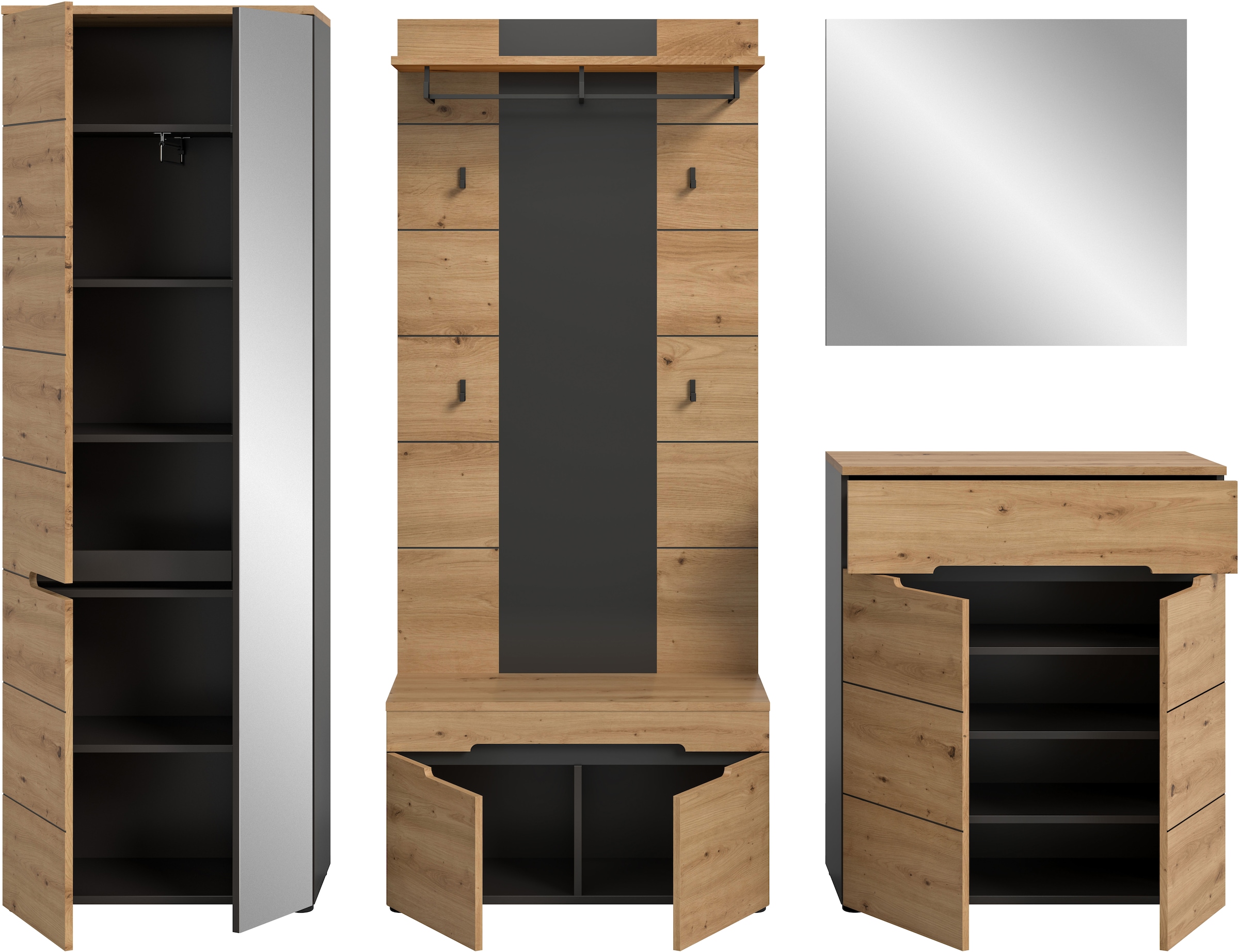 INOSIGN Garderoben-Set »REHAT, TOPSELLER!, 5-teilig, Breite 255cm, individuell erweiterbar« Set, bestehend aus: Garderobenschrank, Sitzbank, Paneel, Spiegel, Kommode, 5 Stk. tlg.