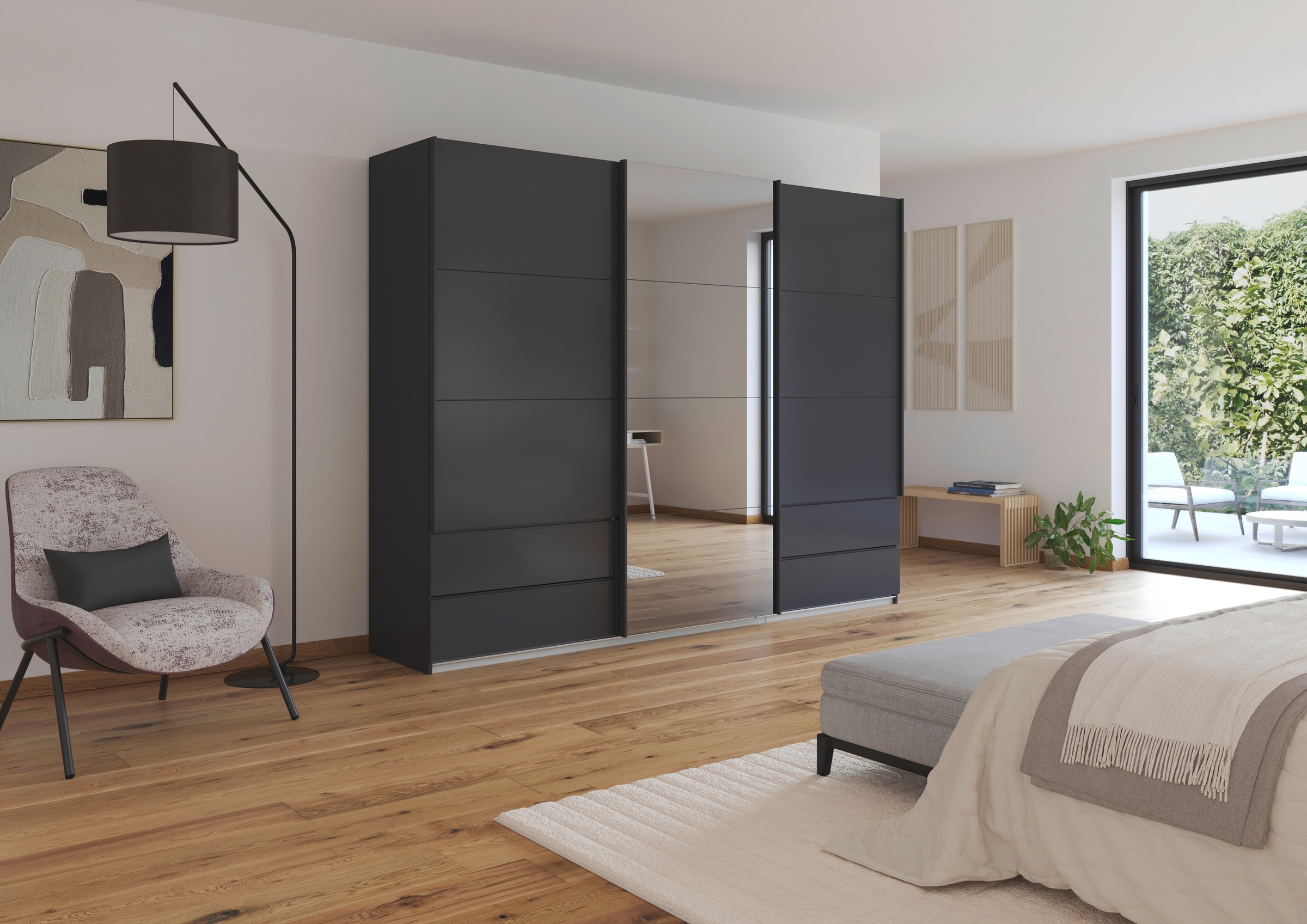 rauch Schwebetürenschrank »Kleiderschrank Schrank Garderobe ELARA Glastür/Grauspiegel«, praktische Schubladen optional farblich abgesetzt MADE IN GERMANY