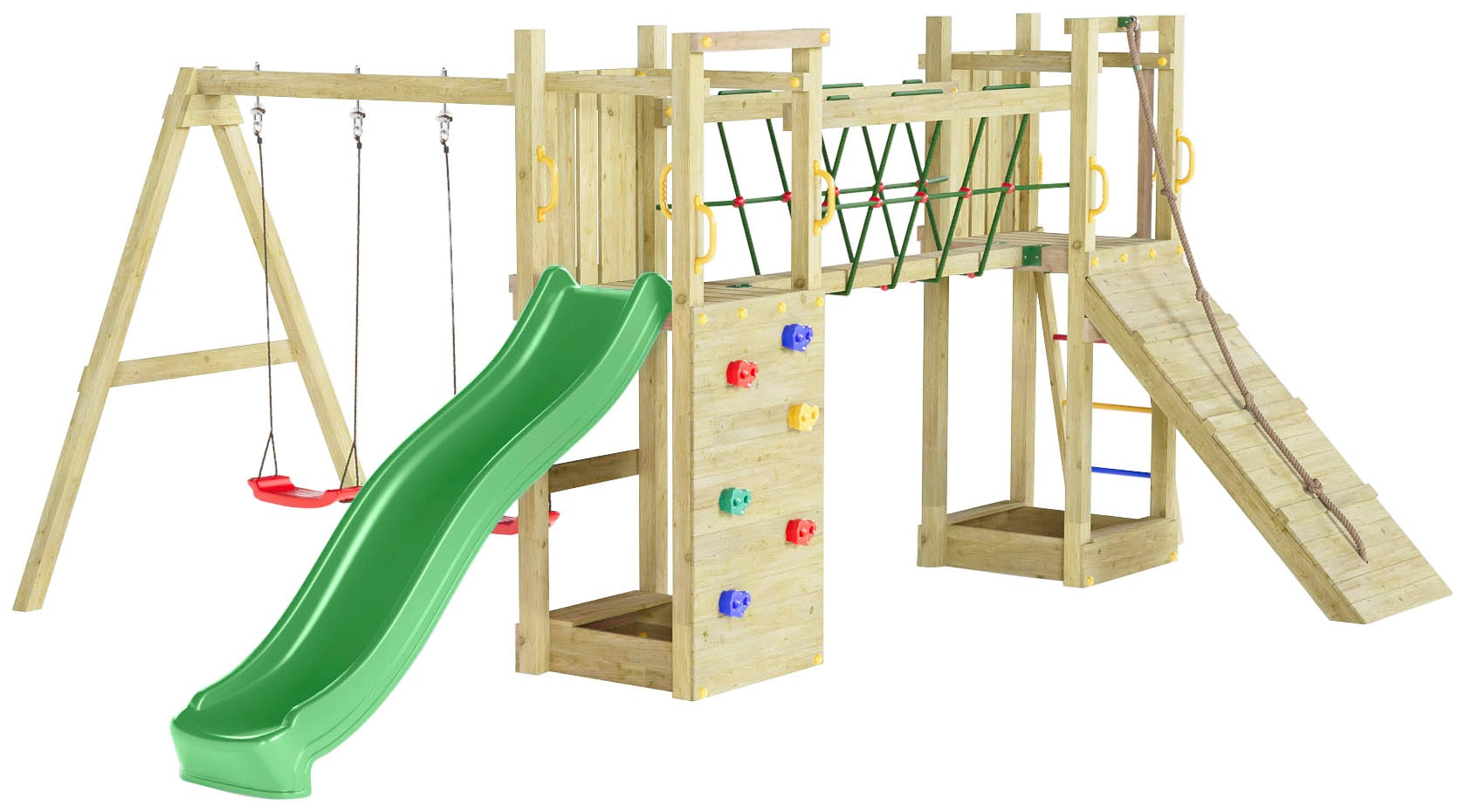 FUNGOO Spielturm »Maxi Funny Exposure«, Schaukel, Rutsche mit Wasseranschluss, Sandkasten, Brückenverbindung