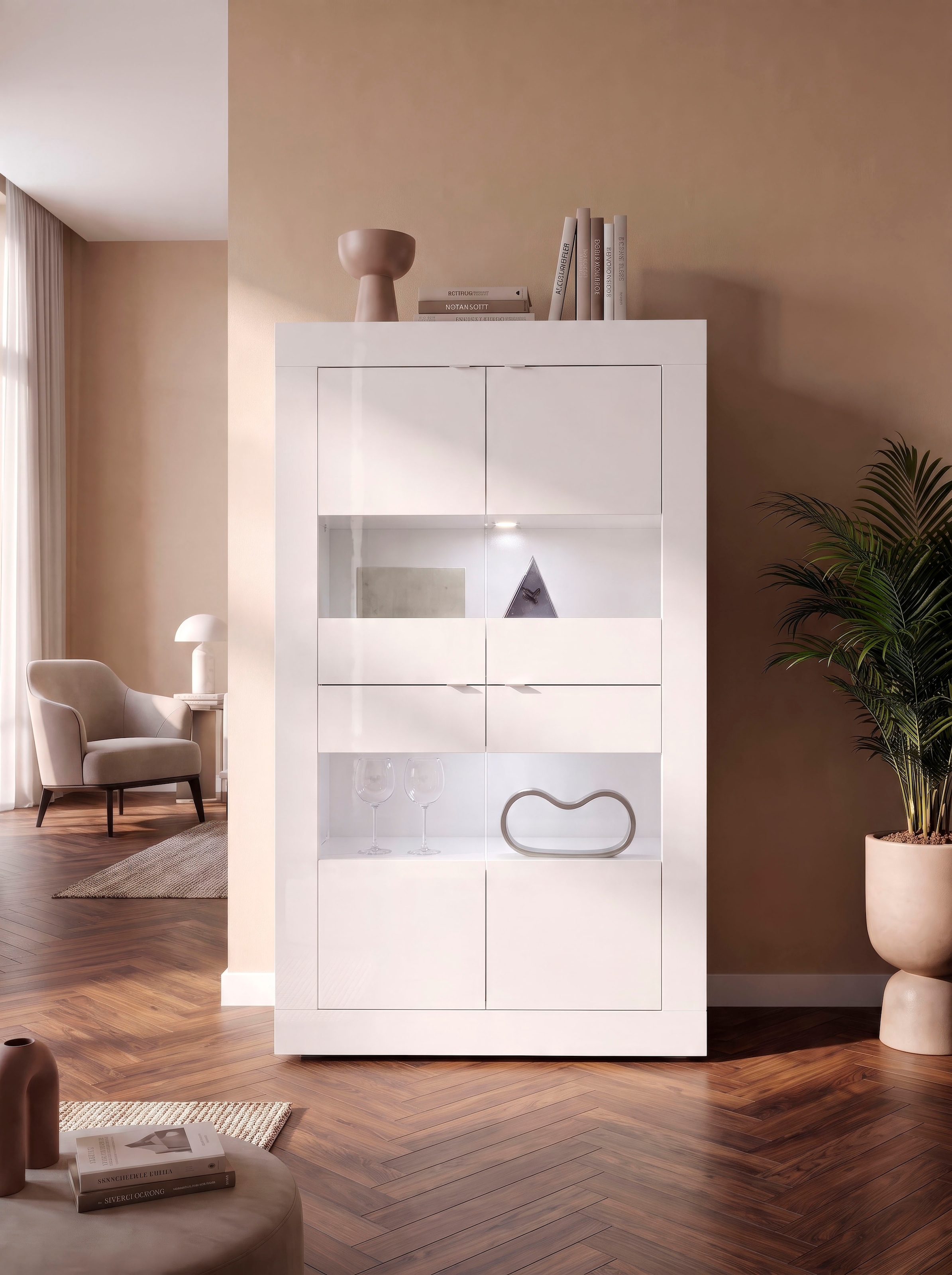 Home affaire Vitrine »Basic Höhe 162 cm, Standvitrine mit 4 Türen - Metallgriffe,« Stauraumvitrine in moderner Rahmenoptik, Hochschrank, Anrichte