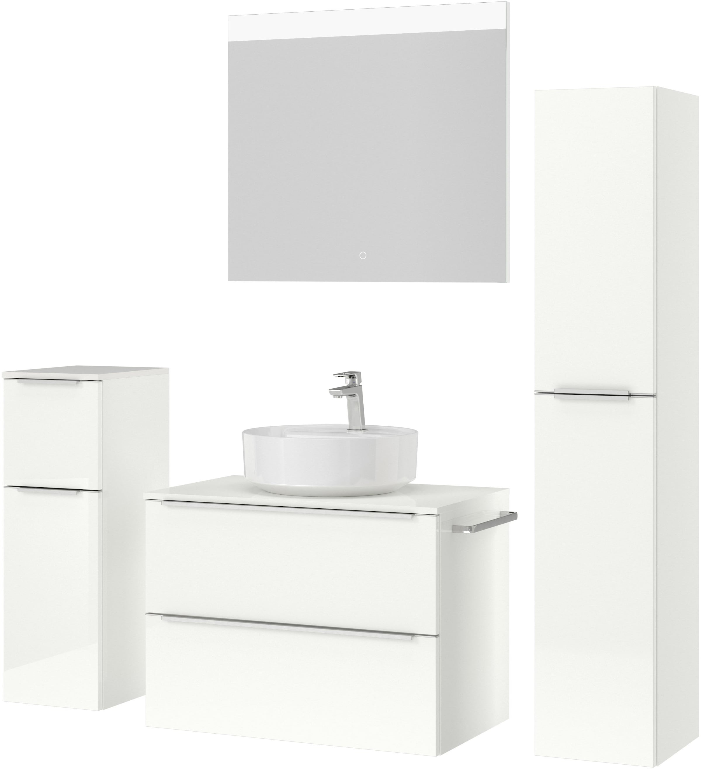 nobilia® Badmöbel-Set »Alvene«, (4 St., vormontiert, mit Soft-Close), Hochglanz, inkl. Spiegel mit Touch-Sensor, in vier Breiten