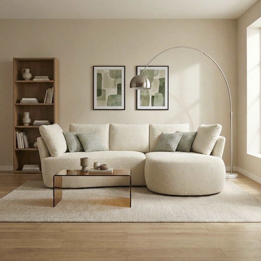 DOMO collection Ecksofa »Lumin, B/T: 267/170 cm, abgerunde Form, charmantes Design, cozy chic« Mit Federkern und 5 Rückenkissen ausgestattet