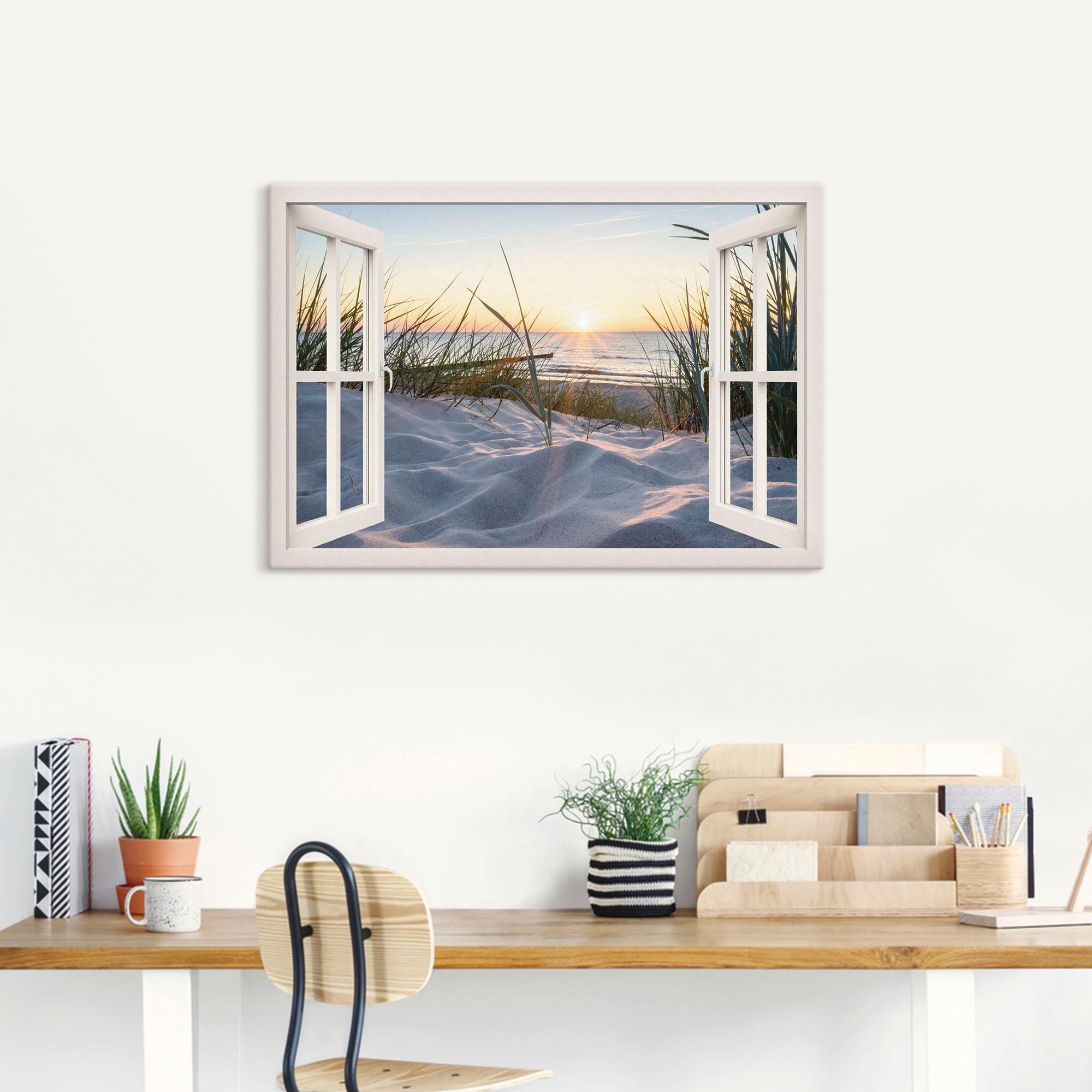 Artland Wandbild »Ostseestrand durchs Fenster«, Meer Bilder, (1 St.), als Alubild, Outdoorbild, Leinwandbild, Poster, Wandaufkleber