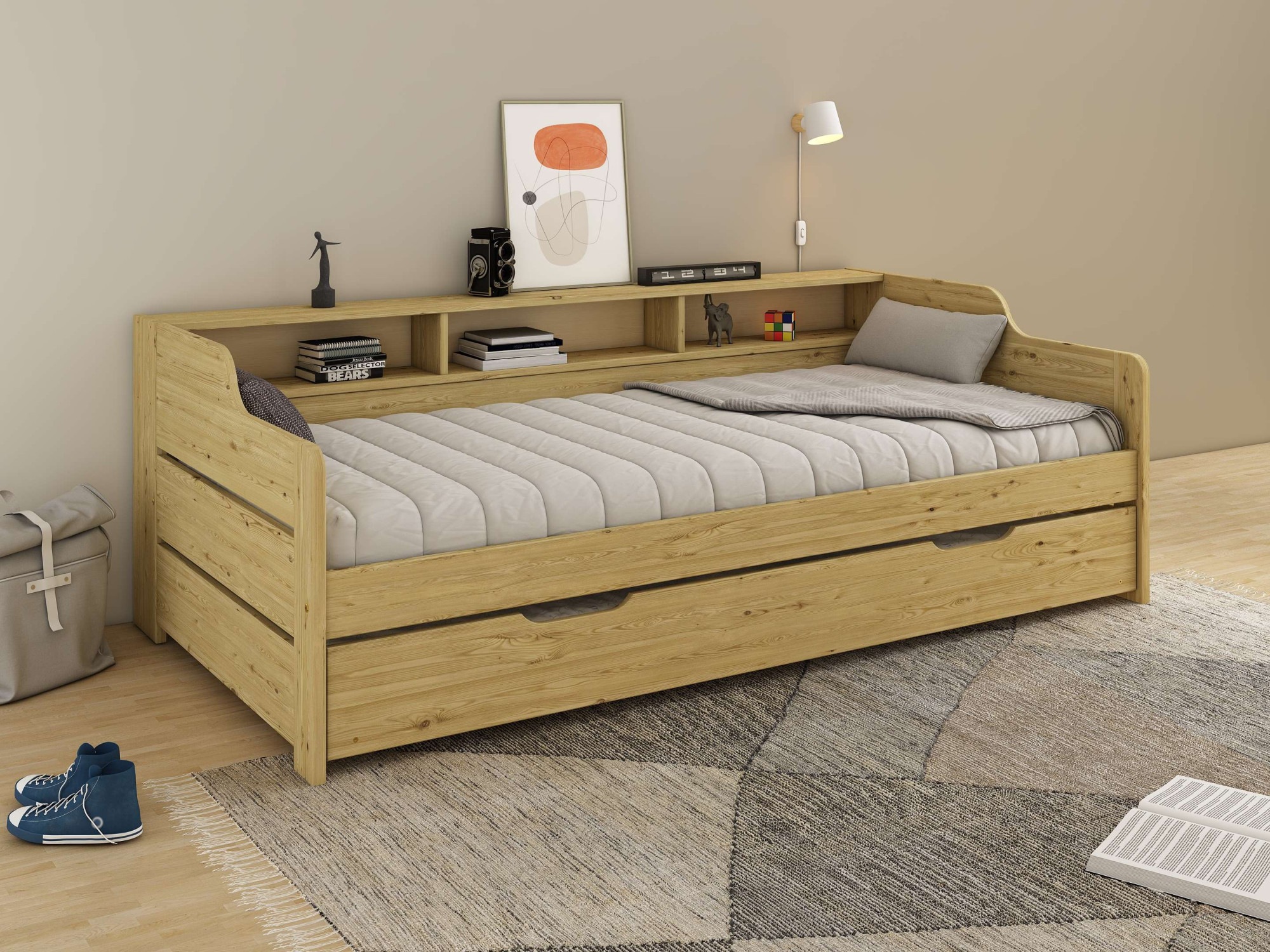 Home affaire Daybett »"REETE1", Stauraum, Funktionsbett, Kinderbett, inklusive Schubkasten«, (90x200cm, 2 Schlafplätze), mit Regalen, FSC® zertifiziertes Massivholz (Kiefer), Landhausstil
