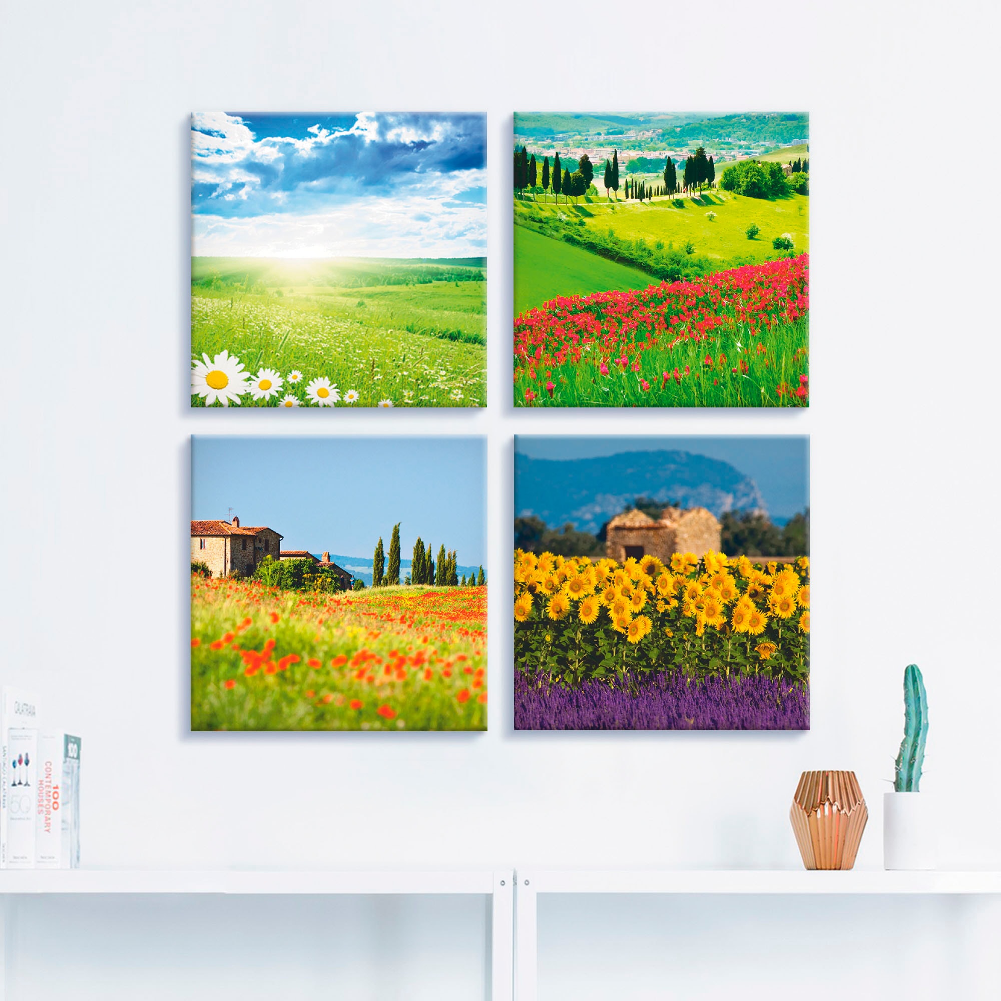 Artland Leinwandbild »Gänseblume Zypressen Mohn Lavendel«, Felder, (4 St.), 4er Set, verschiedene Größen