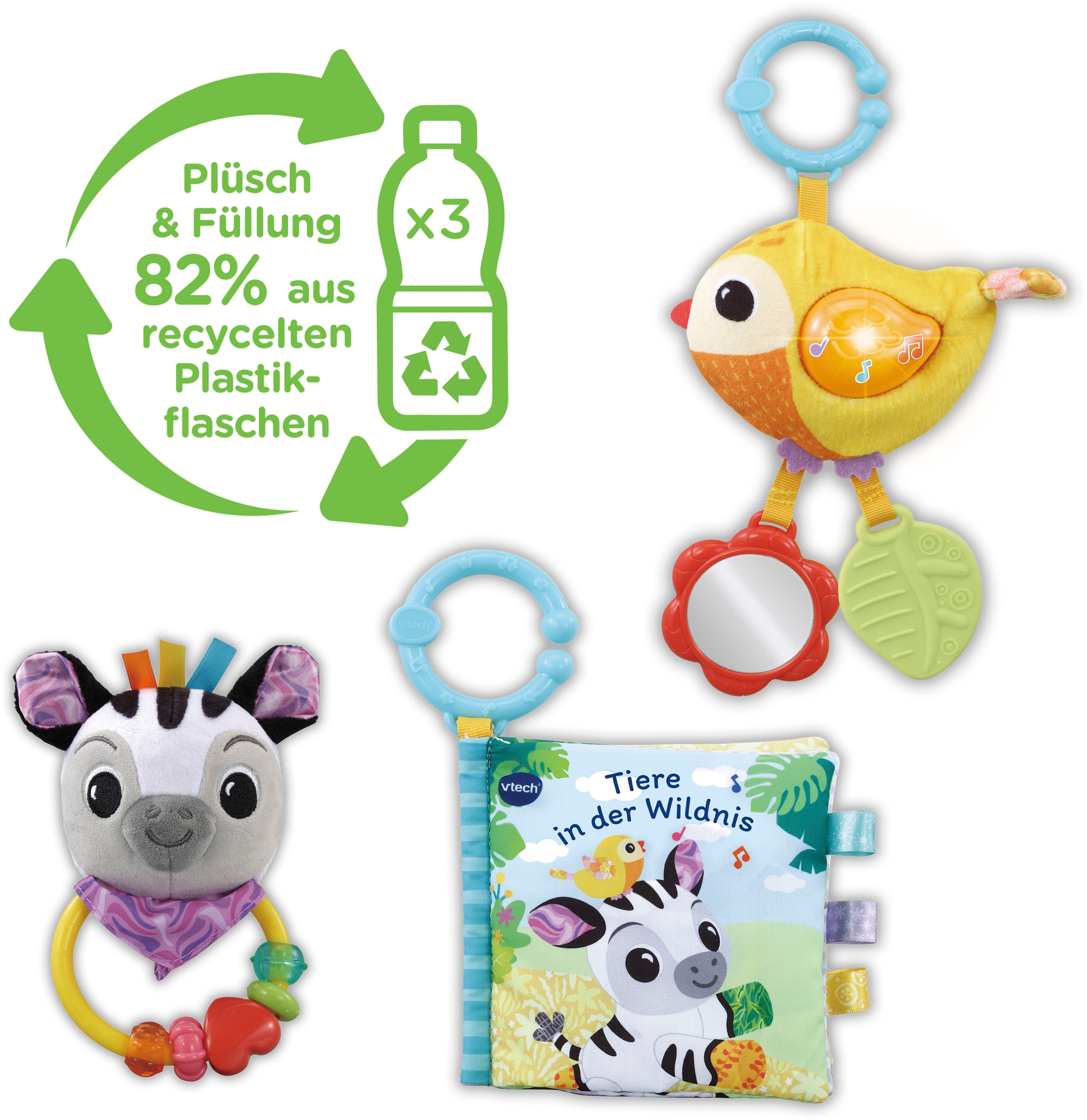 Vtech® Greifspielzeug »Vtech Baby, Babys Tierfreunde-Geschenkset«, (Set, bestehend aus Greifling, Stoffbüchlein und Rassel), aus recyceltem Material