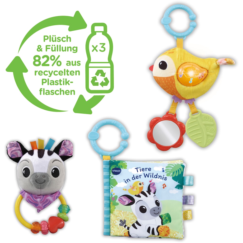 Vtech® Greifspielzeug »Vtech Baby, Babys Tierfreunde-Geschenkset«, (Set, bestehend aus Greifling, Stoffbüchlein und Rassel), aus recyceltem Material