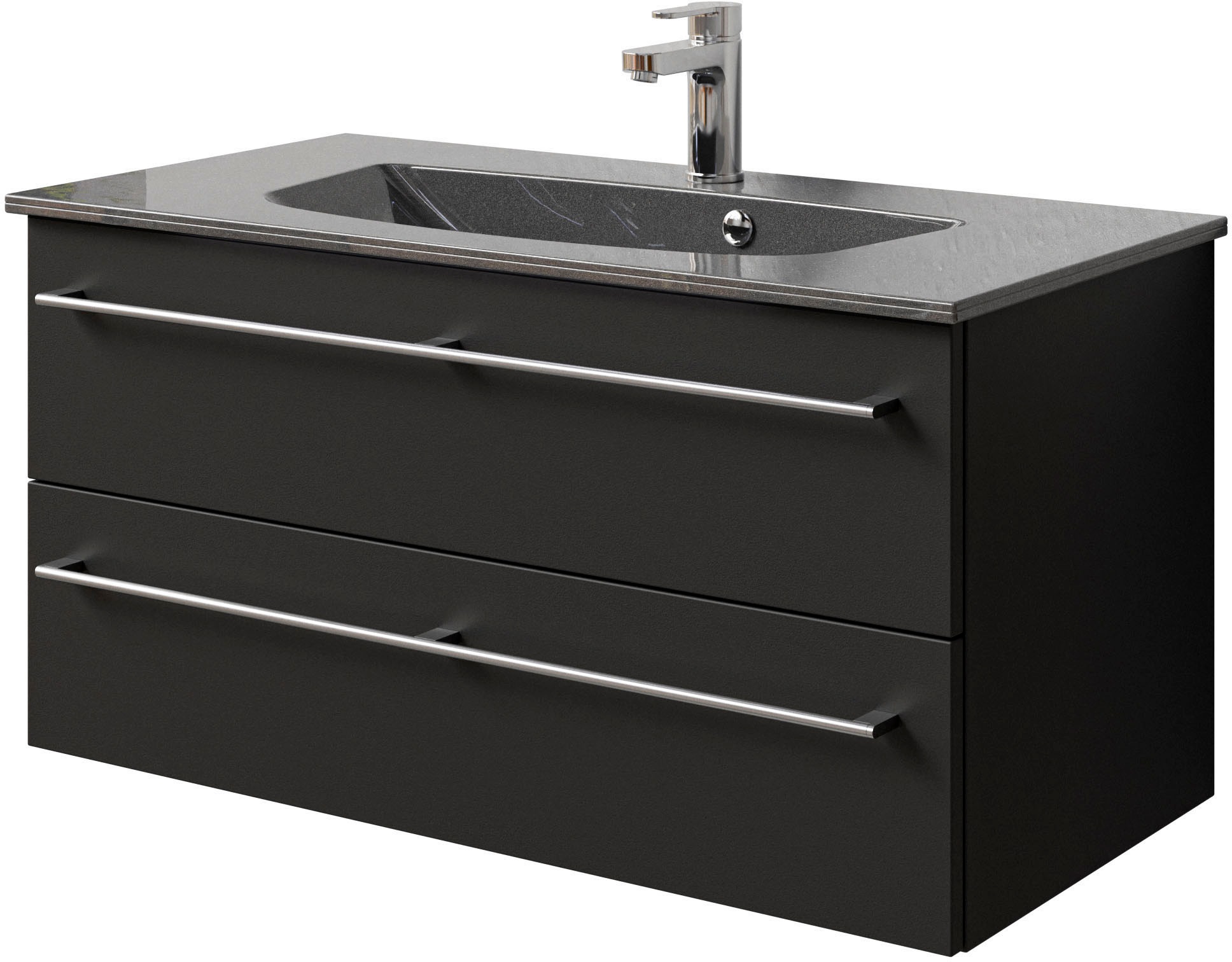 Saphir Badmöbel-Set »Serie 6025 2-teilig Mineralmarmor-Waschtisch mit LED-Spiegelschrank«, (2 St.), Waschplatz 97 cm breit, 2 Schubladen, 3 Spiegel-Türen, inkl Türdämpfer