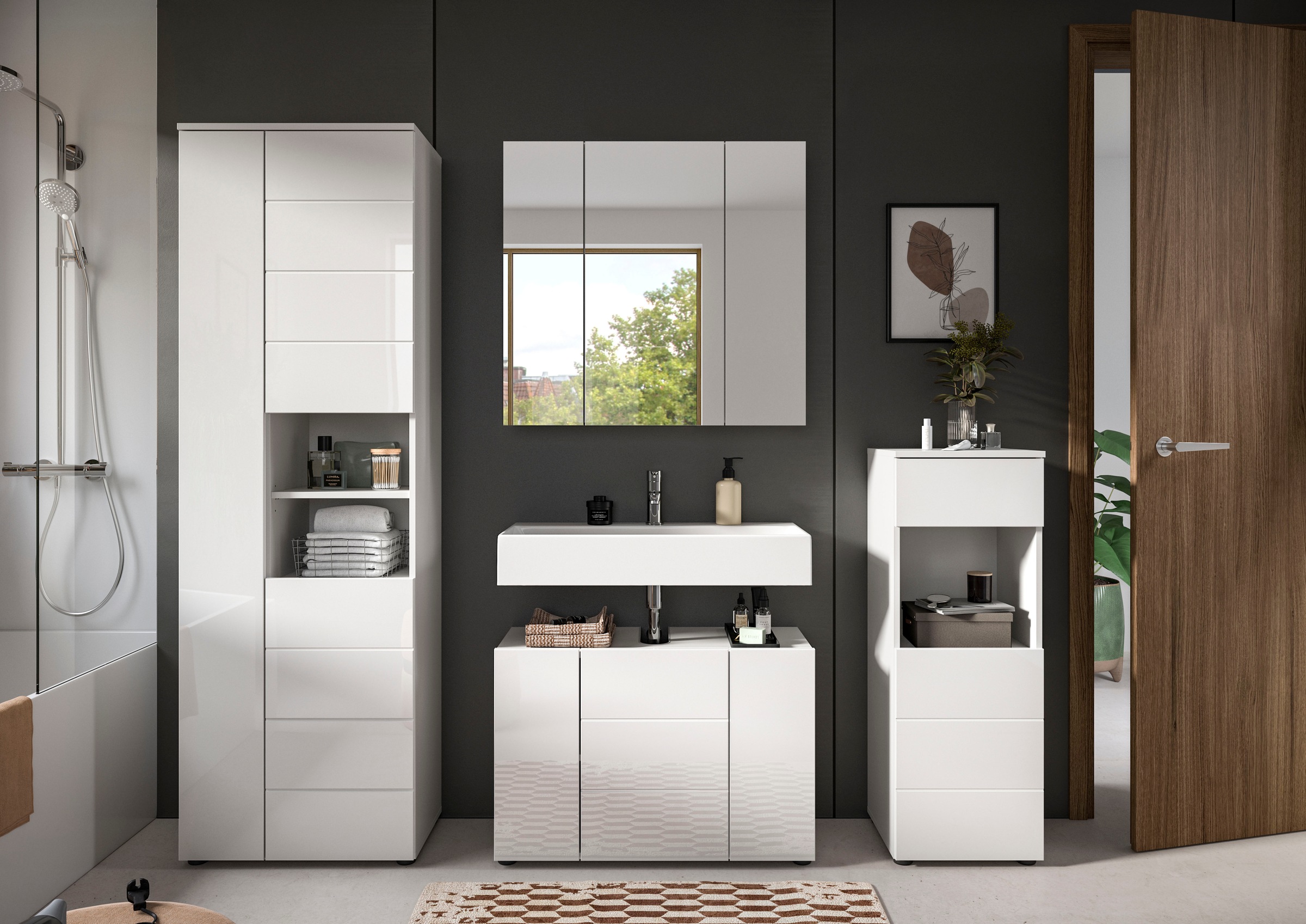 welltime Badmöbel-Set »Biel, Höhe 190 cm, Hochschrank, Unterschrank, Spiegel, Standschrank«, (4 St.), Bad Set, modernes Design, Hochschrank, Unterschrank, Spiegel
