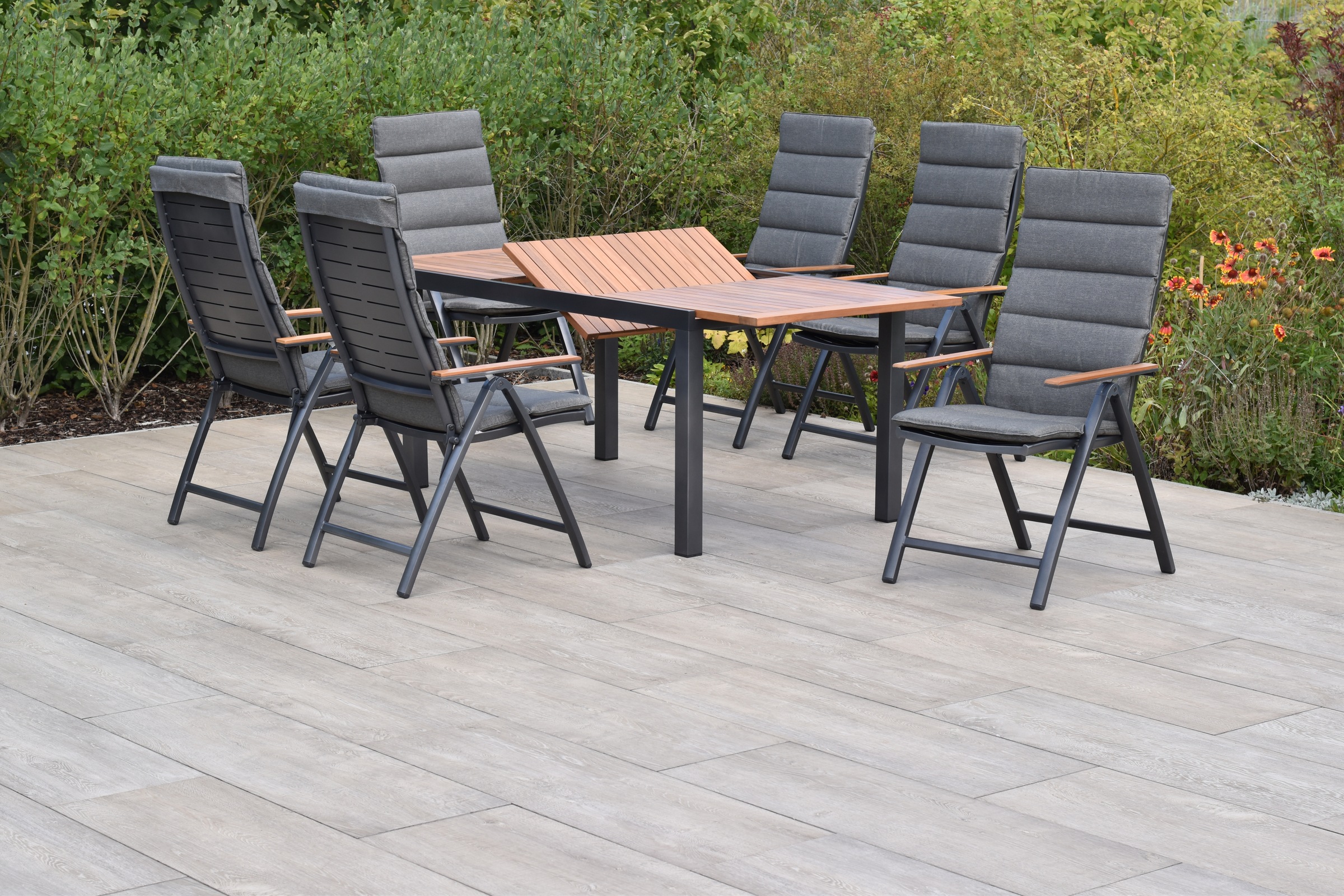 MERXX Garten-Essgruppe »»Tinos««, (Set, 13 tlg., Inkl. Auflagen, 5-fach verstellbare Rückenlehne), Ausziehtisch: LxB: 150-200 x 90 cm