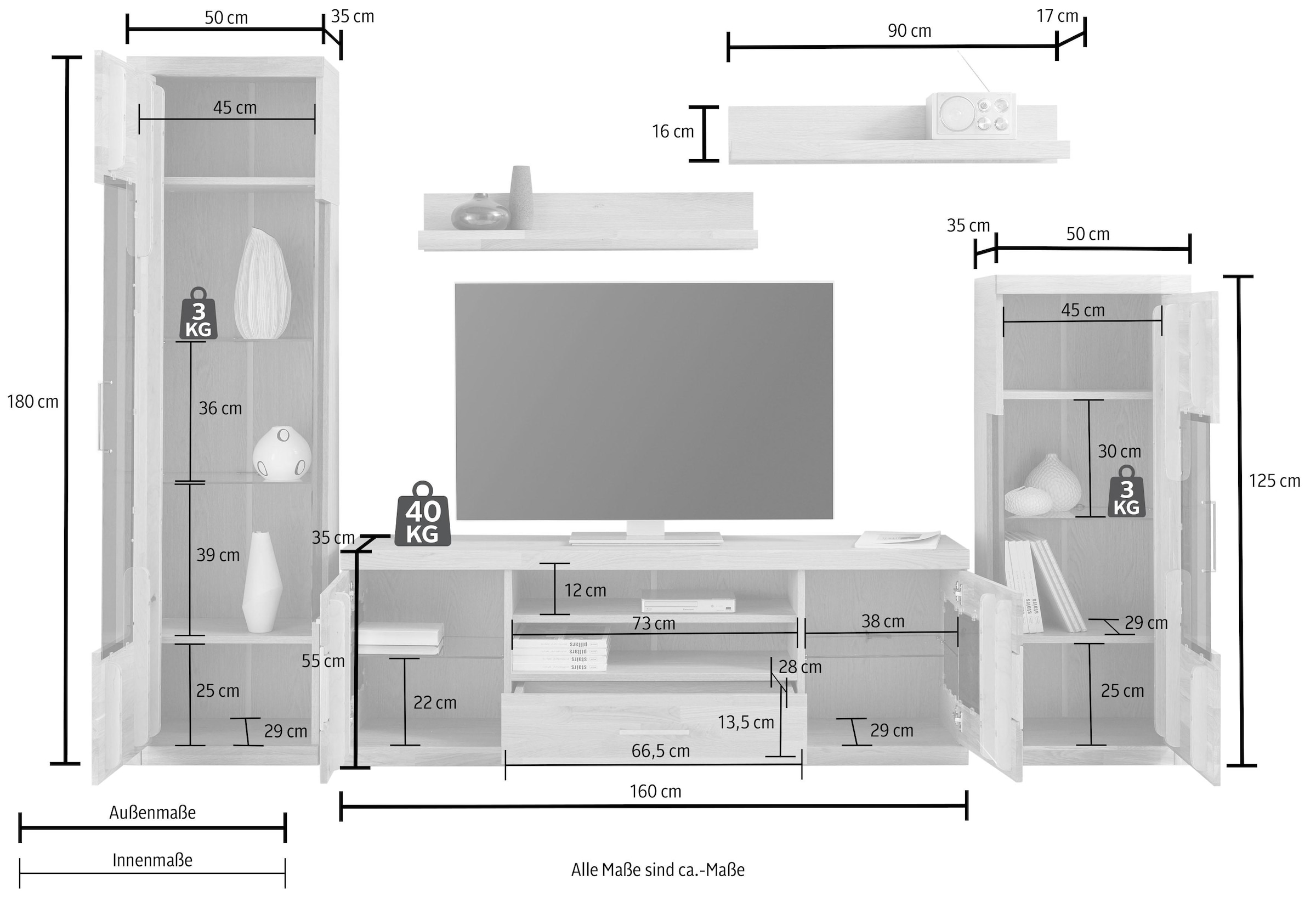 Home affaire Wohnwand »Ribe,Fronten Massivholz,Korpus Holzwekstoff,viel Stauraum«, (Set, 5 St.), Glaseinsatz aus gehärtetem Glas,Böden teilweise versetzbar