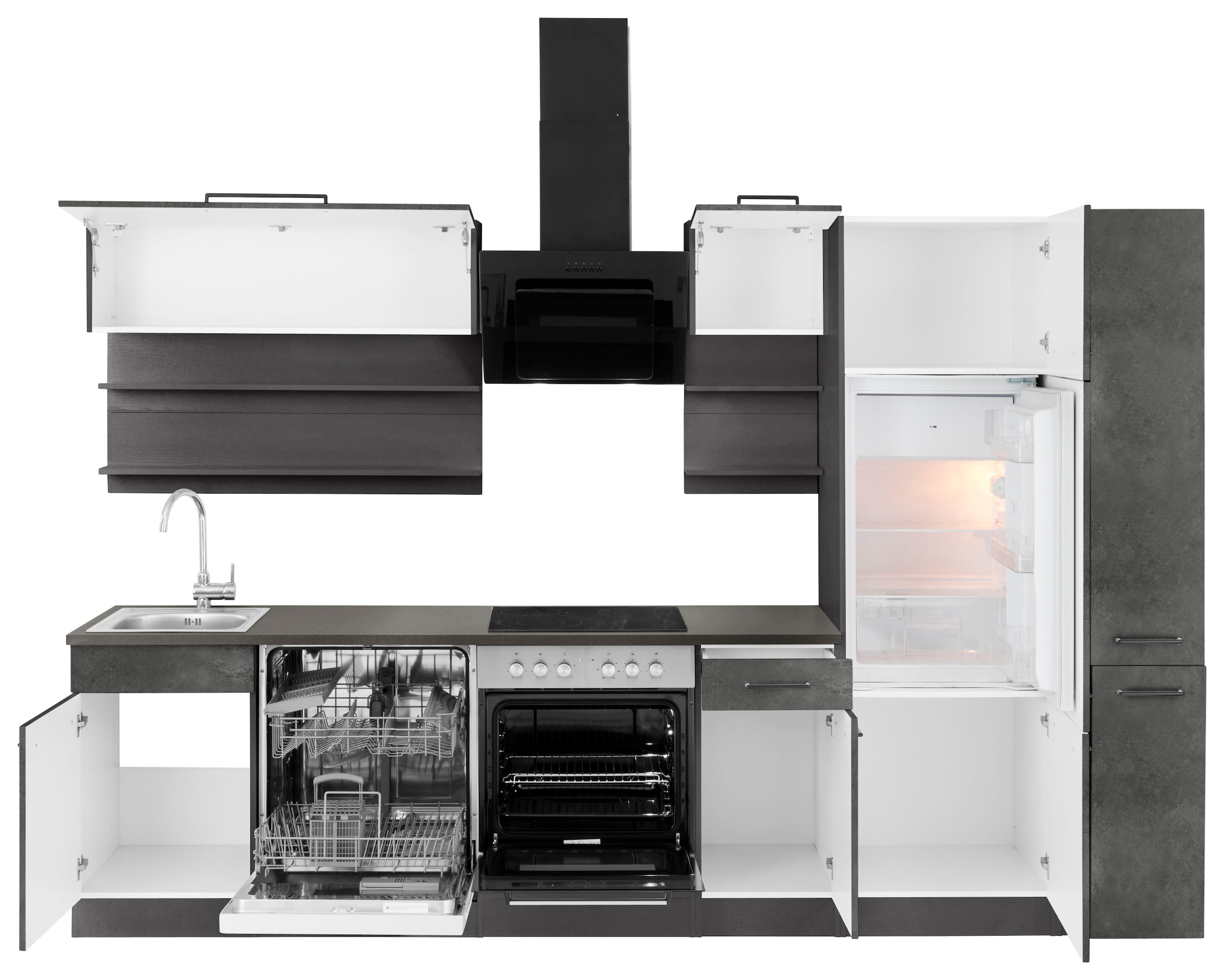 HELD MÖBEL Küchenzeile »Tulsa«, mit E-Geräten, Breite 300 cm, schwarze Metallgriffe, MDF Fronten